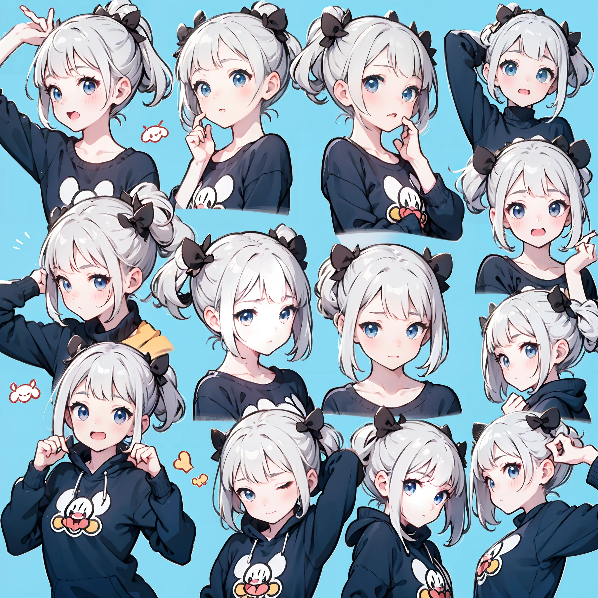 Cute girl avatar，Exaggerated memes，with short white hair，（9 emojis，emoji sheet of，Align arrangement），9 poses and expressions（grieves，irate，having fun，Dumb cute，adolable，doubt，Sleepy，Hungry，CRIT），Anthropomorphic style，Disney  style，a color，Different expressions，8K