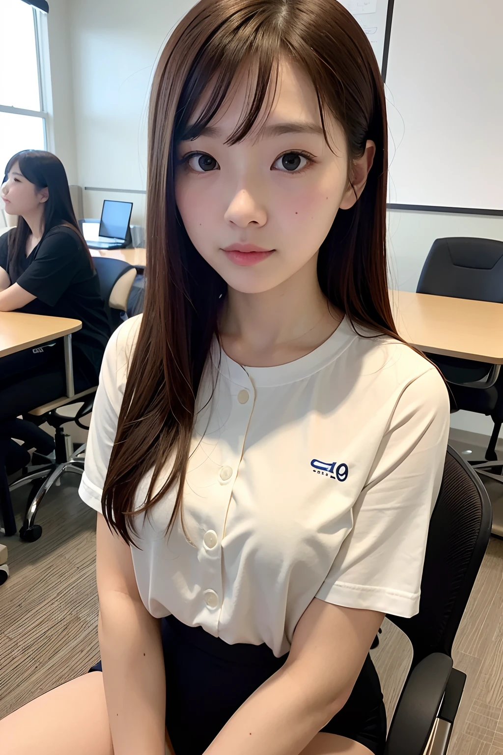 (Best-quality, Masterpiece, Ultra-High-Resolution, (Photorealistic:1.7), Raw Photo, depth of field, professional lighting, perfect anatomy, extremely details), 1girl, 15-years-old, the most famous Japanese idol, ((in office-room, working with computer)), (wearing casual-clothes with cute-design), (extremely cute face like the most popular Japanese idol, ((extremely cute and extremely big round-eyes)), extremely beautiful and extremely realistic hair), (((extremely beautiful and extremely realistic skins))), extremely beautiful and extremely realistic long-eyelashes, extremely beautiful and extremely realistic lips, detailed office-room, detailed computer
