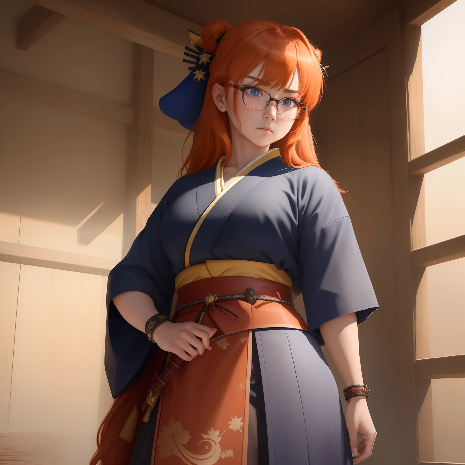 8k, masterpiece, best quality, realistic, higly detailed, cowboy shot, 1girl, solo, itsuki, serious looking girl, medium-length hair, expressive ahoge, reddish-orange hair, a pair of star-shaped hairpins near both of her eyes, dark blue eyes, average height, well-endowed figure, glasses, cute, samurai