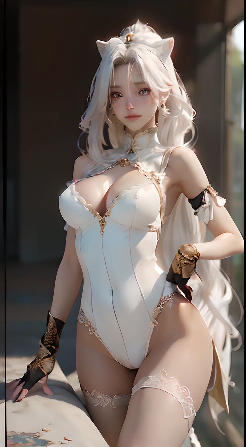 erotic, poking through top, nudistic, hentai, naked, camel toe, Photorealistic, high resolution, 1 woman, hips up, Beautiful eyes, Long hair, ringed eyes, white hair, jewelry, realisitic、top-quality、1girl in,Cat's ears, maid headband, Pink hair , Short hair、Saliva、Heart shaped pupils , 、Gold PVC Bikini ,Lace gloves ,Big breasts, full body, (Best Quality), ((Masterpiece), (Detail: 1.4), 3D, HDR (High Dynamic Range), Ray Tracing, NVIDIA RTX, Super-Resolution, Unreal 5, Subsurface Scattering, PBR Textures, Post-Processing, Anisotropic Filtering, Depth of Field, Maximum Sharpness and Clarity, Multi-layer Textures, Albedo and Highlight Maps, Surface Shading, Precise simulation of light-material interactions, perfect proportions, Octane Render, two-color light, large aperture, low ISO, white balance, rule of thirds, 8K RAW, white hair, eyelashes, black eyes