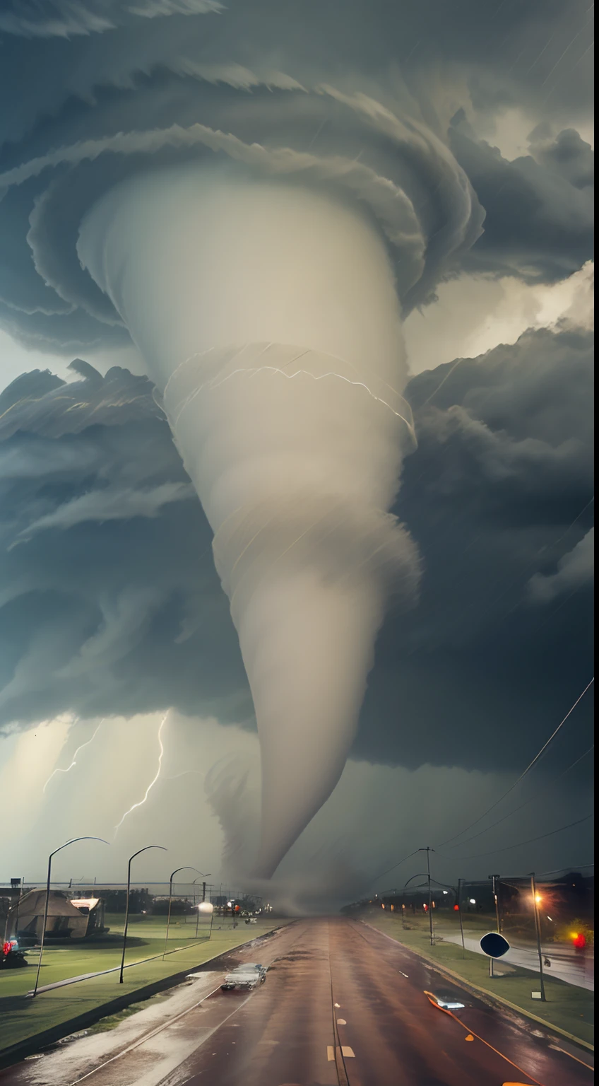 masterpiece, best quality, a tornado in a city, low angle, objects flying, typhoon, hurricane, storm,strong wind, (((whirlwind))), epic, nature,swirl of wind, scary , tragedy, cars flying, destruction, buildings, street, poles, papers flying, wires, ((tornado, hurricane, typhoon, cyclone tropical, storm ,tropical cyclone),BREAK the hurricane is detroying the city,, cloud ,tornado, ,wedge tornado ,stovepipe tornado ,wallcloud rfd