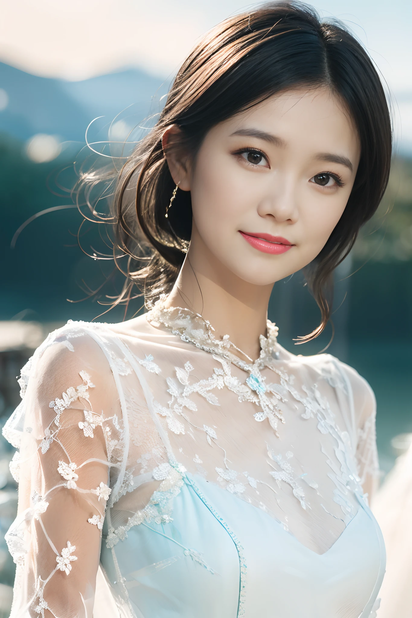 (Masterpiece, Best quality:1.2), 8K, 85mm, RAW photo, absurderes, White and cyan theme, (liquid clothes, Liquid dress:1.4), White hair, gradient dress, Delicate girl, Upper body, close-up face, Shiny skin, Married Woman, view the viewer, hdr, Sharp focus, Particle, twilight sky, Detailed eyes and face, White hair, Simple background,nakeness,plumw,extremely large bosom,Bare lower body,Bare breasts,Transparent clothes, smile, elsa the snow queen from frozen, ((realistic)), snow Mountain background