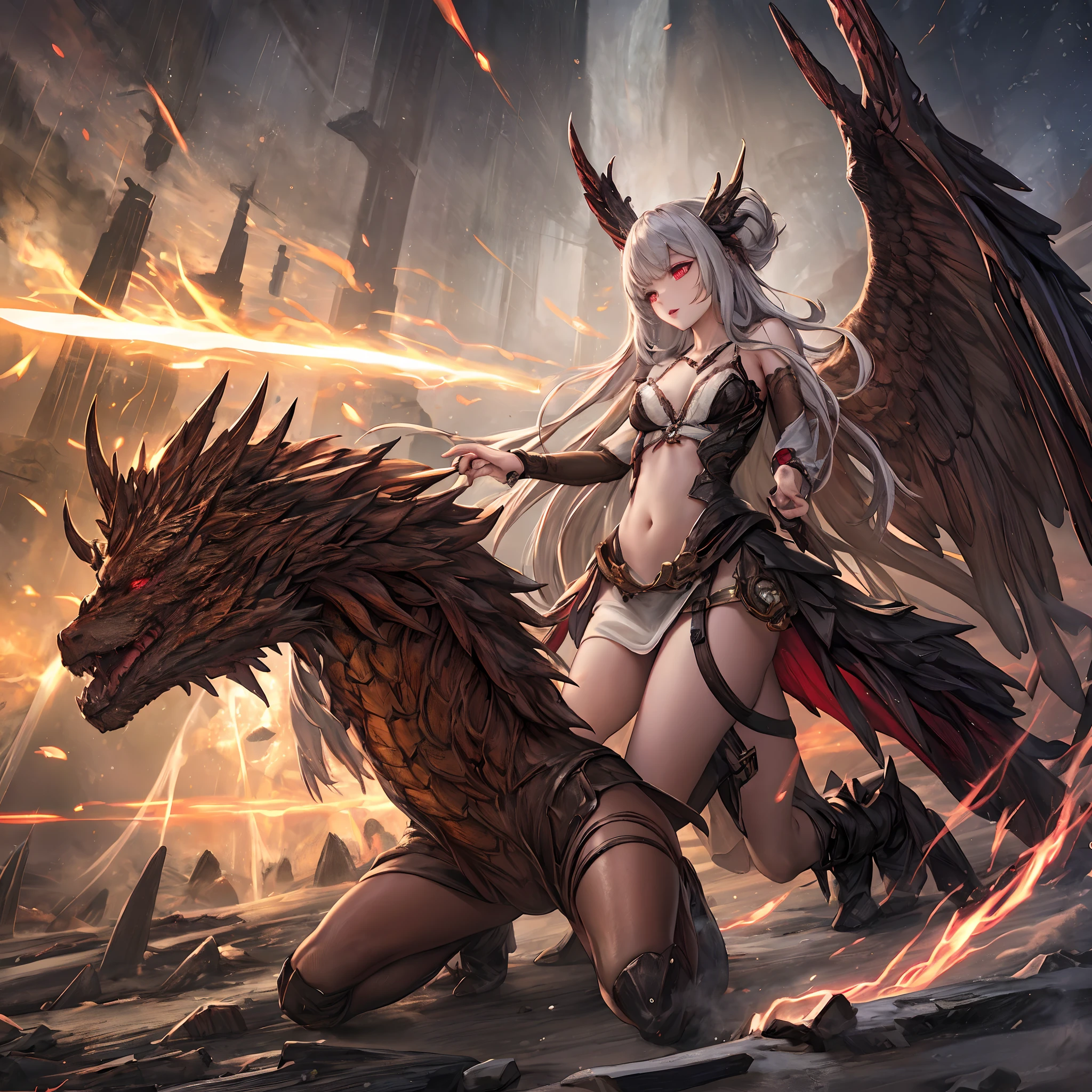 (masutepiece, Best Quality: 1.2), Girl with phoenix wings standing in a ring of fire, with glowing red eyes, phoenix, The lotus flowers, Red gold Pink, Sunrise girl from mountain on background, spreading her wings, wearing a coat of white feathers,,,,,, Wings full of the back, Radiant Hello, long hair flowing, Mechanical wings dancing delicately at the waist, Medium Figure, Sunken navel, curtains of white feathers on the pelvis move slightly,,,,,, Mini wings scattered on the body, multiple wings with a yellow sheen,,,,, Soft yellow fire between the wings.((16 K,Ultra Definition、The highest masterpiece,Best Quality)), maxiskit, dress conservatively 1 girl, 独奏, Full body, wide shoot, Graceful standing, holding sword down, White hair, Long hair, valkyrie, armor, Angel, White bra, side bun, from the front side, extra size body, Night, mont, look at viewr((Super best quality)), ((A very masterpiece)), ((super detailing:1.4)), ((hyper realistic lifelike 3d)), Dragon Warrior Girl, Mechanical body, Dynamic action poses in battle scenes, Mechanical weapons of very complex and heavy fighters, Off-the-shoulder fashion that blends dense and complex steampunk with dense gothic ta, Complex steampunk headgear, very thin long legs, Mechanical boots above the knee, Fluttering lace flared mini skirt, beautiful small breasts directed upwards,Somewhat long, Vertical curly silver hair fluttering in the wind,Countless shining large spheres flying around,Many sparks cross and fly,Countless neon signs rained down from magic-evoking gestures,Steampunk Factory,Complex and precise mechanical ruins,Very dark night background,Very dramatic and cinematic lighting。best qualtiy,tmasterpiece,8K,s fractal art,one girls,Long grey hair,Long legs,blackstockings,Sex slaves,Kneeling Pose,