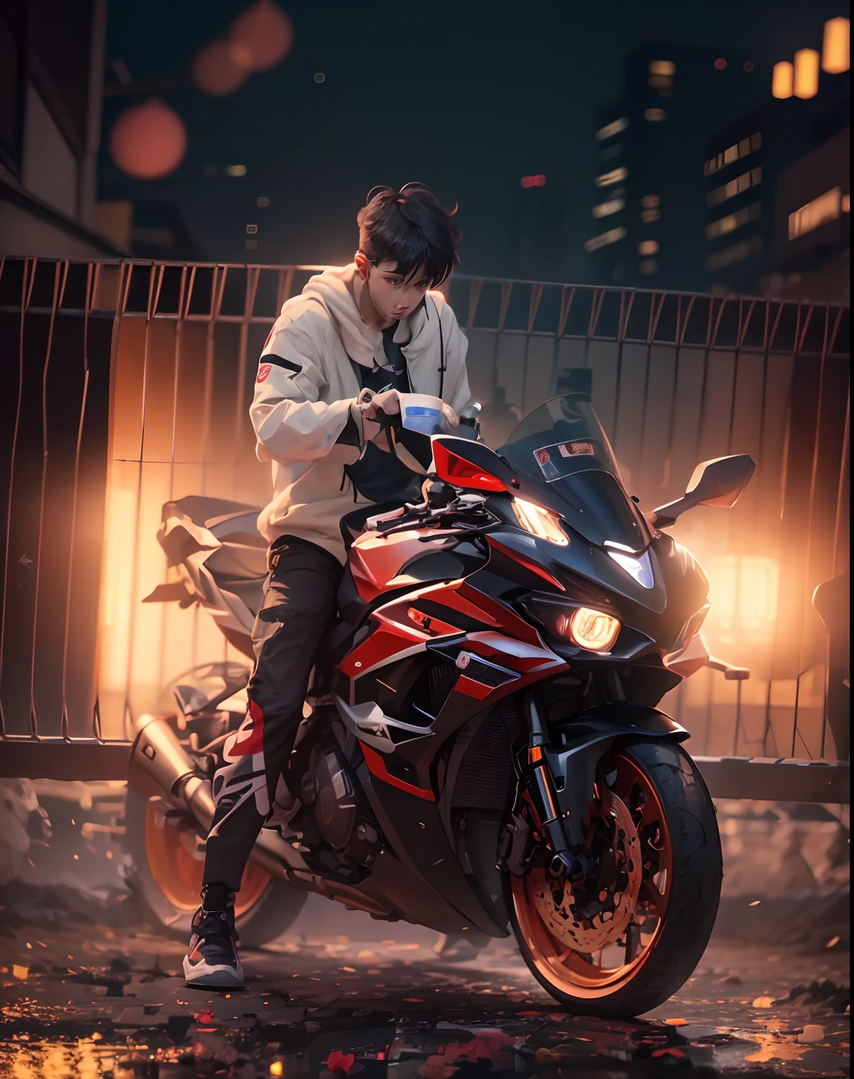 1 young boy korea,anime,(hiperrealisme:1.1),(detail:1.2)8k,nigh street, neon, bokeh