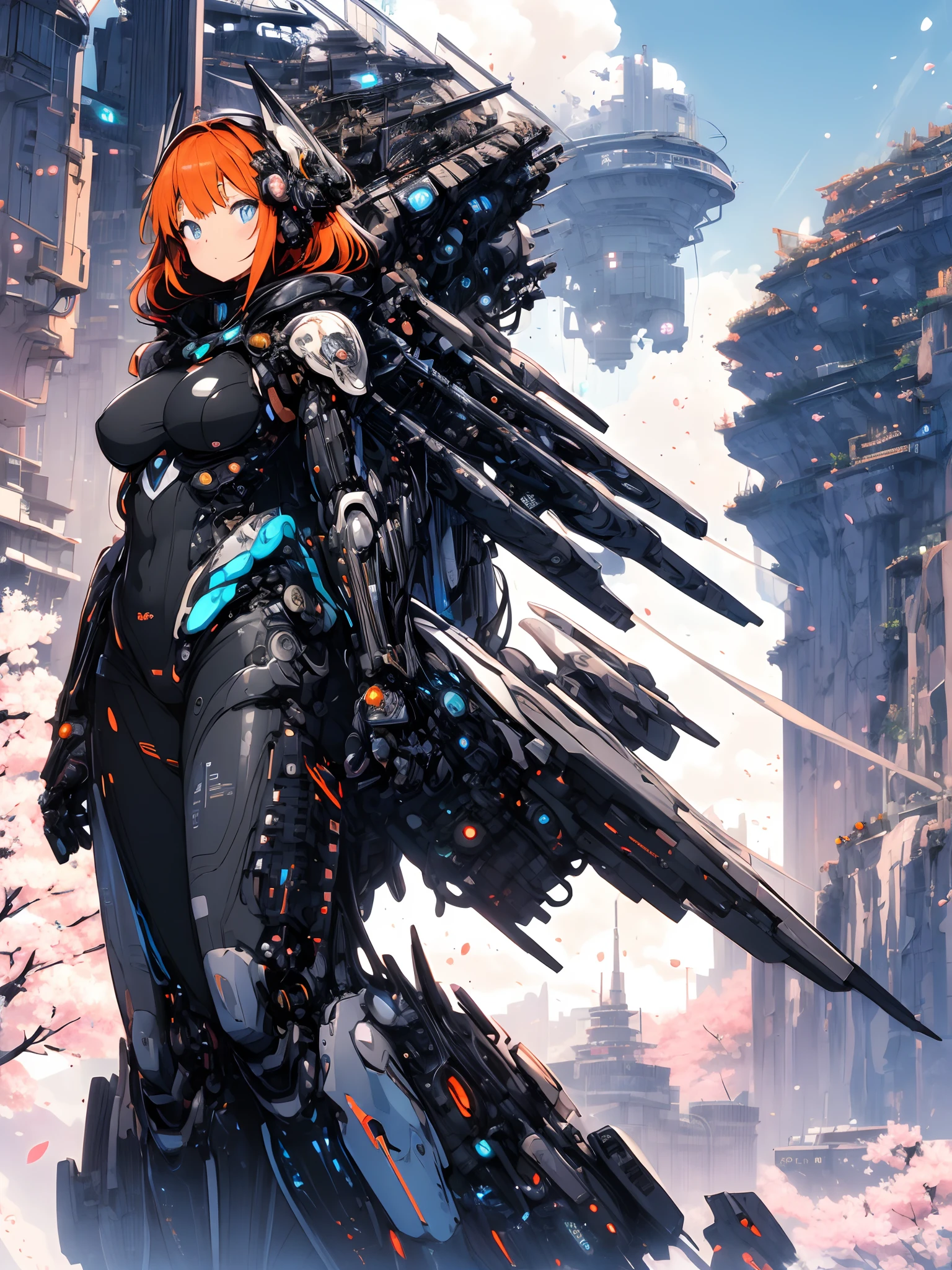 The most beautiful and sexy mecha warrior girl, orange hair, blue eyes, wearing a highly detailed futuristic hooded mecha battle armor, mechanical angel wings, huge enormously gigantic tits, cleavage showing, tons of tattoos and piercings, in hyper futuristic city metropolis, cherry blossoms blowing in the wind, highly detailed background, absurdres, highres, ultra detailed, (cute illustration:1.5), (cute,kawaii,sweet:1.2),
(1girl:1.4), bodysuit, cyborg girl,
hyper gigantic mechanical hands,dynamic pose,
nice hands, perfect hands, incredibly cinematic, best quality, best resolution