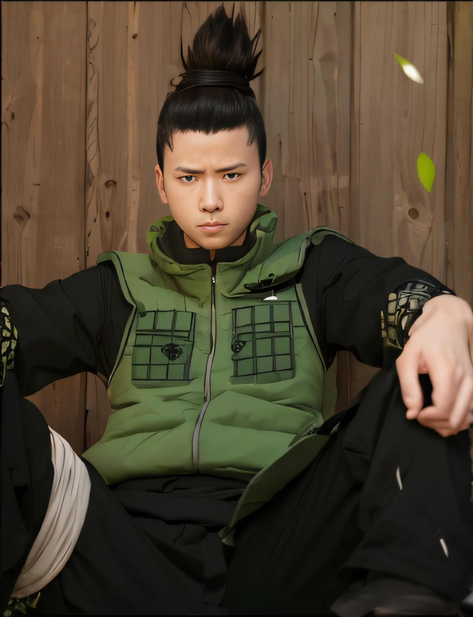 1 man, Shikamaru Nara, green vest, white inner netting, white sarada wrapped on leg, realistic, ultra detailed, 70mm lens, photograph