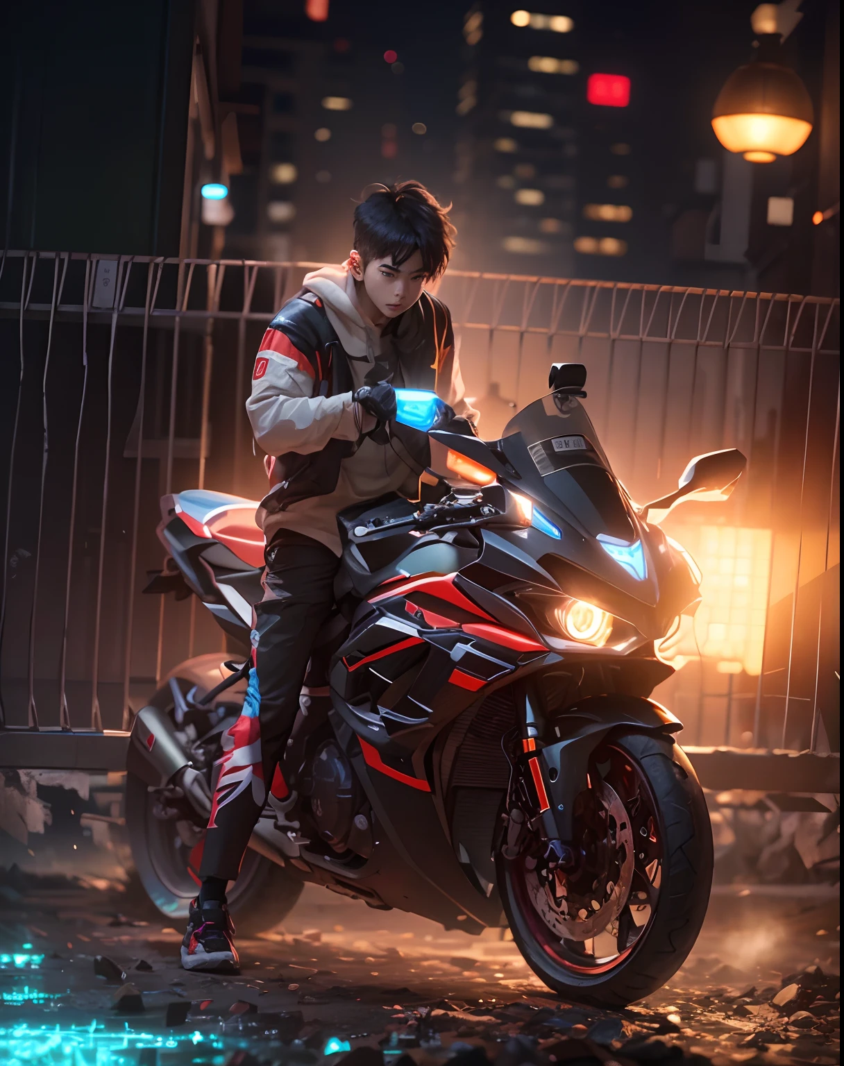 1 young boy korea,anime,(hiperrealisme:1.1),(detail:1.2)8k,nigh street, neon, bokeh