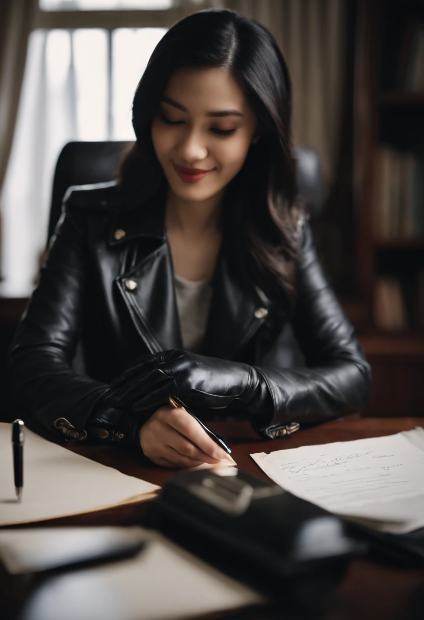 Wearing black leather gloves on both hands, Upper body, Black Leather Riders Jacket, Facing the desk in the study, Look down and smile, Use a fountain pen to write a letter, Black hair long straight, Young japanese lady (Black leather gloves cover both hands)