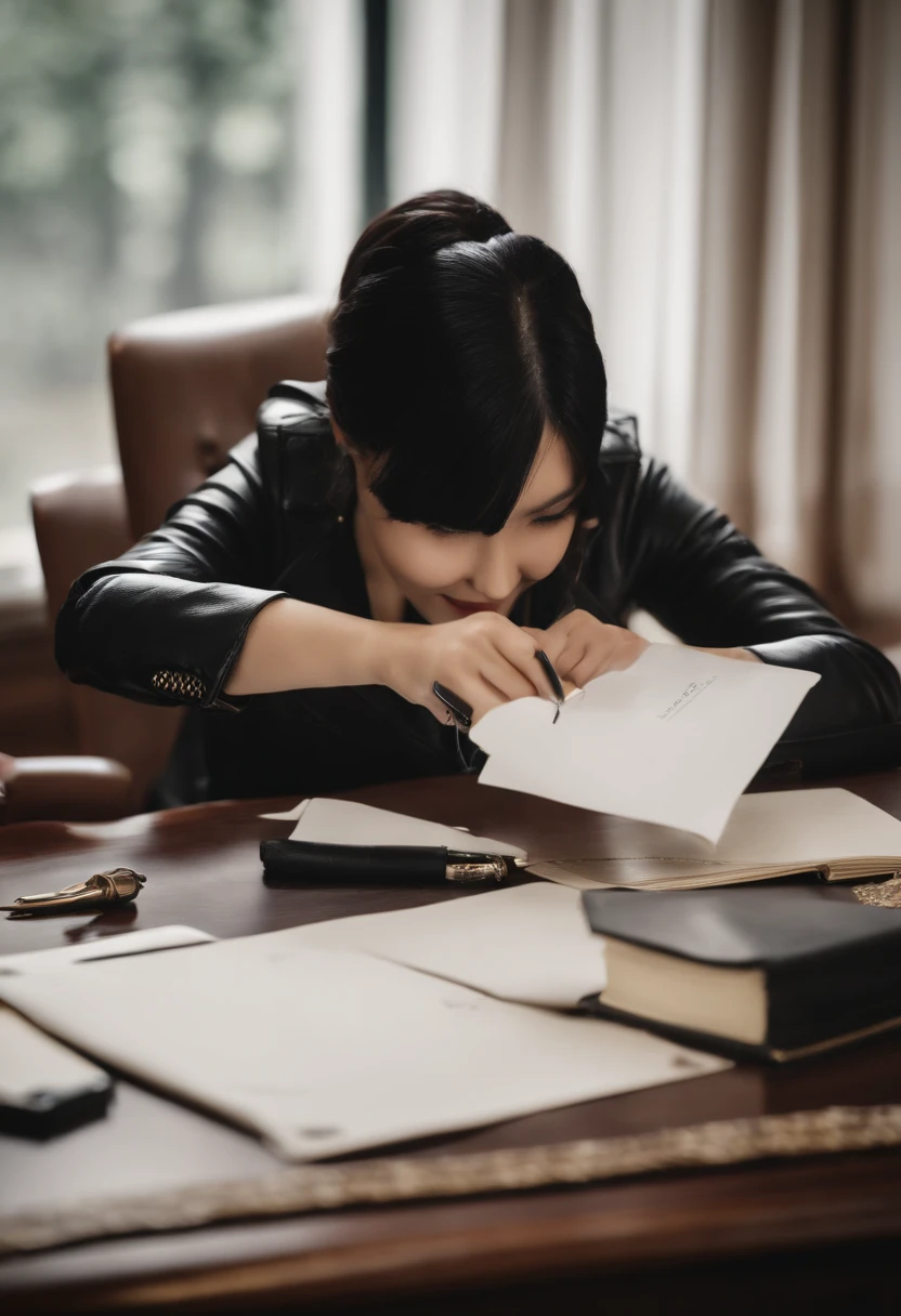 Wearing black leather gloves on both hands, Upper body, Black Leather Riders Jacket, Facing the desk in the study, Look down and smile, Use a fountain pen to write a letter, Black hair long straight, Young japanese lady (Black leather gloves cover both hands)