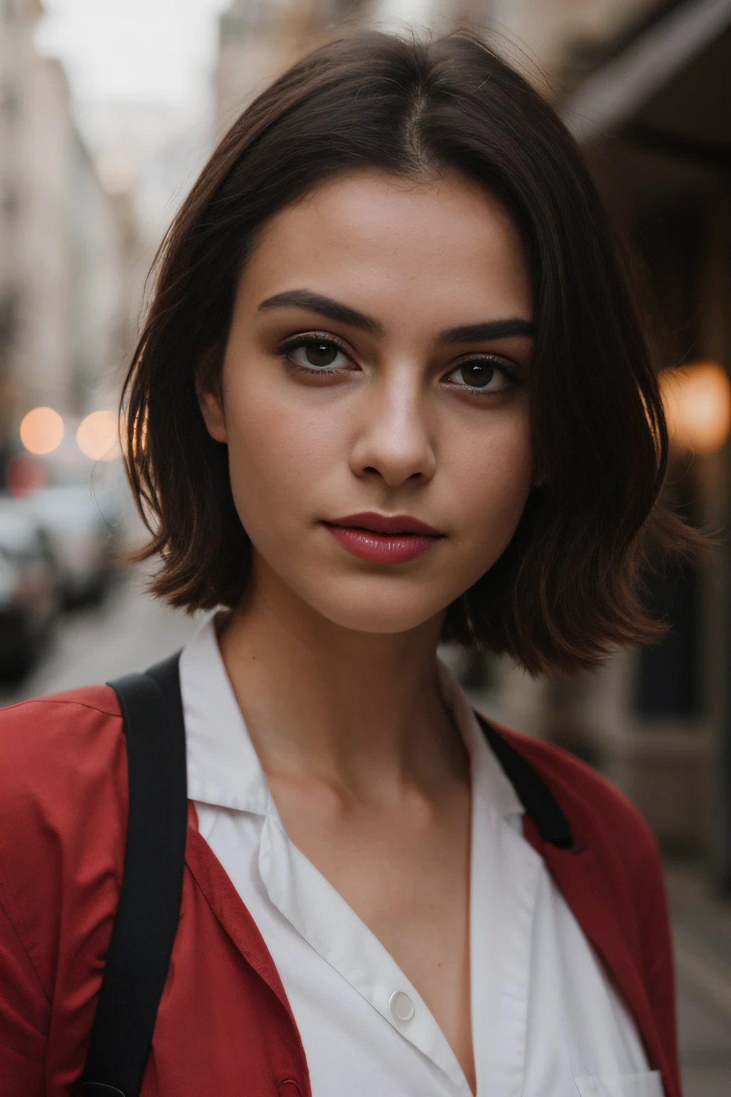 A stunning 20-year-old girl dressed as a doctor in a white T-shirt, CURTOS BOB, ( USANDO BATOM VERMELHO NA BOCA, E UMA MAQUIAGEM PROFISSIONAL DISCRETA ), A beautiful face is in front of a blurry background. High-resolution image captures every detail of your look, and cinematic lighting adds depth and drama to the scene.