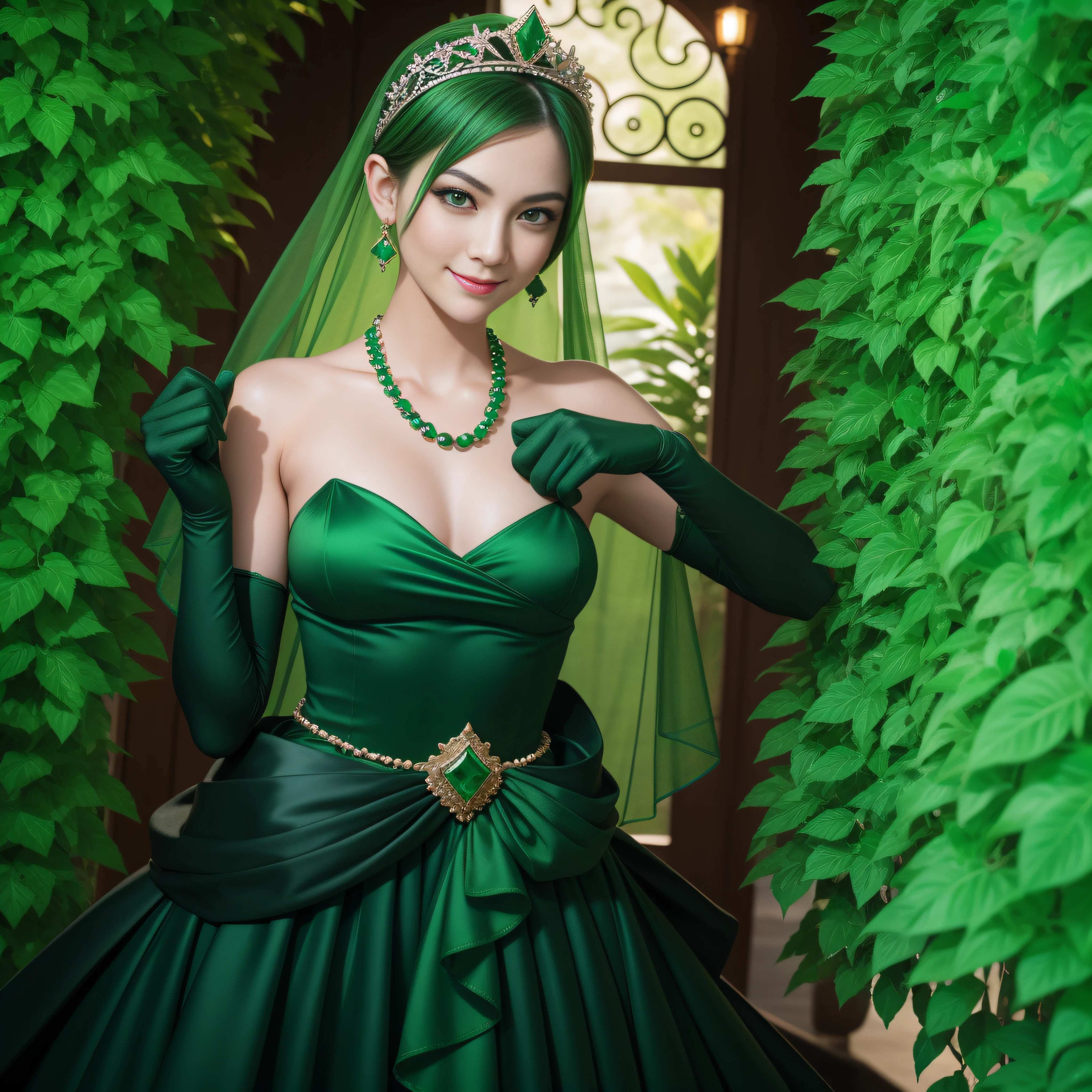 emerald tiara, Green Pearl Necklace, Boyish very short green hair, lipsticks, Japan woman smiling, very short short hair, fist, big breasts beautiful, Green eyes, Long green gloves made of satin material, Green eyes, Emerald Earrings, Holding a sword in both hands