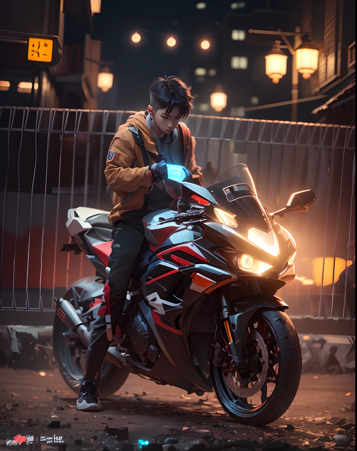 1 young boy korea,anime,(hiperrealisme:1.1),(detail:1.2)8k,nigh street, neon, bokeh