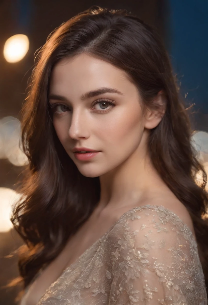**professional full body photo of young woman, hyper long brunette hair, elegant hair, wearing a short skirt, curvy body, long legs, (imperfect skin), detailed skin, intense freckles, super long eye lashes, at night, outside, city background, 8k ultra detailed, realistic, high quality, film grain, low contrast**