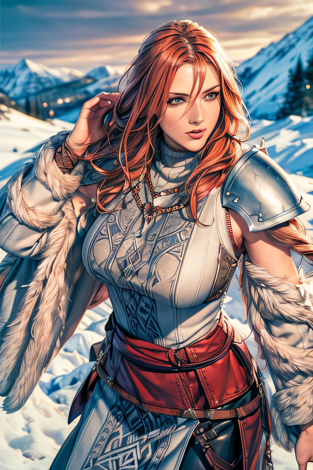 redhead beautiful viking, (viking:1.25), hunting, viking theme, snow, mountain, fierce look, dynamic poses, dynamic angle shot, from above, from front, flowing hair, perfect body, (((masterpiece))), ((best quality)), ((intricate detailed)), ((Hyperrealistic)), (((a woman with viking clothes))), nordic ornament, , jewelry, necklace, eye patch, (((leather armor ))), leather pants , belt, pale skin, fur coat, fur cloth, perspective, highly detailed, illustration, 1 girl, perfect hands, detailed fingers, beautiful detailed eyes, (fantasy:1.2), abstract background , nightview ,fierce look, looking at the viewer, from the front,