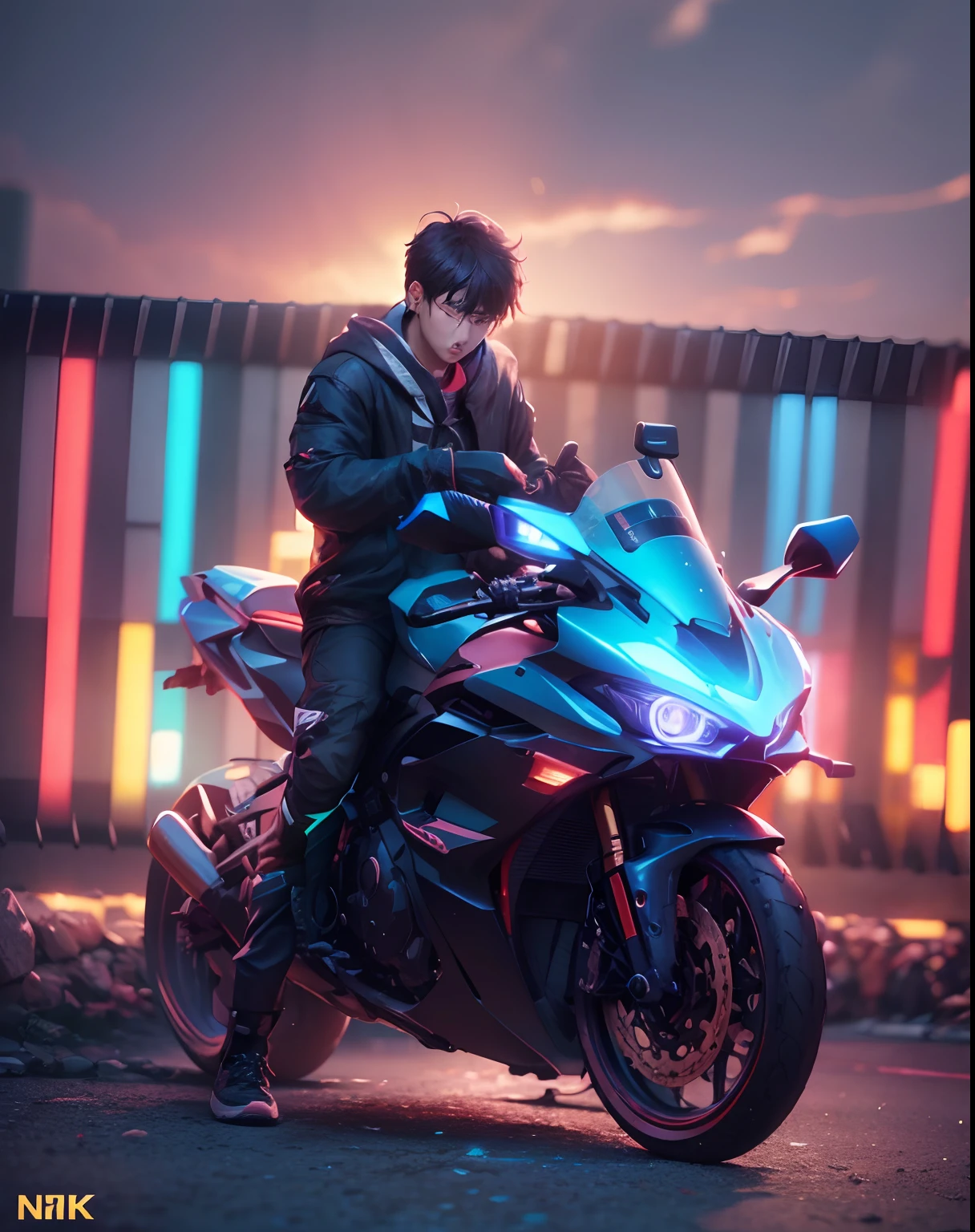 1 young boy korea,anime,(hiperrealisme:1.1),(detail:1.2)8k,nigh street, neon, bokeh