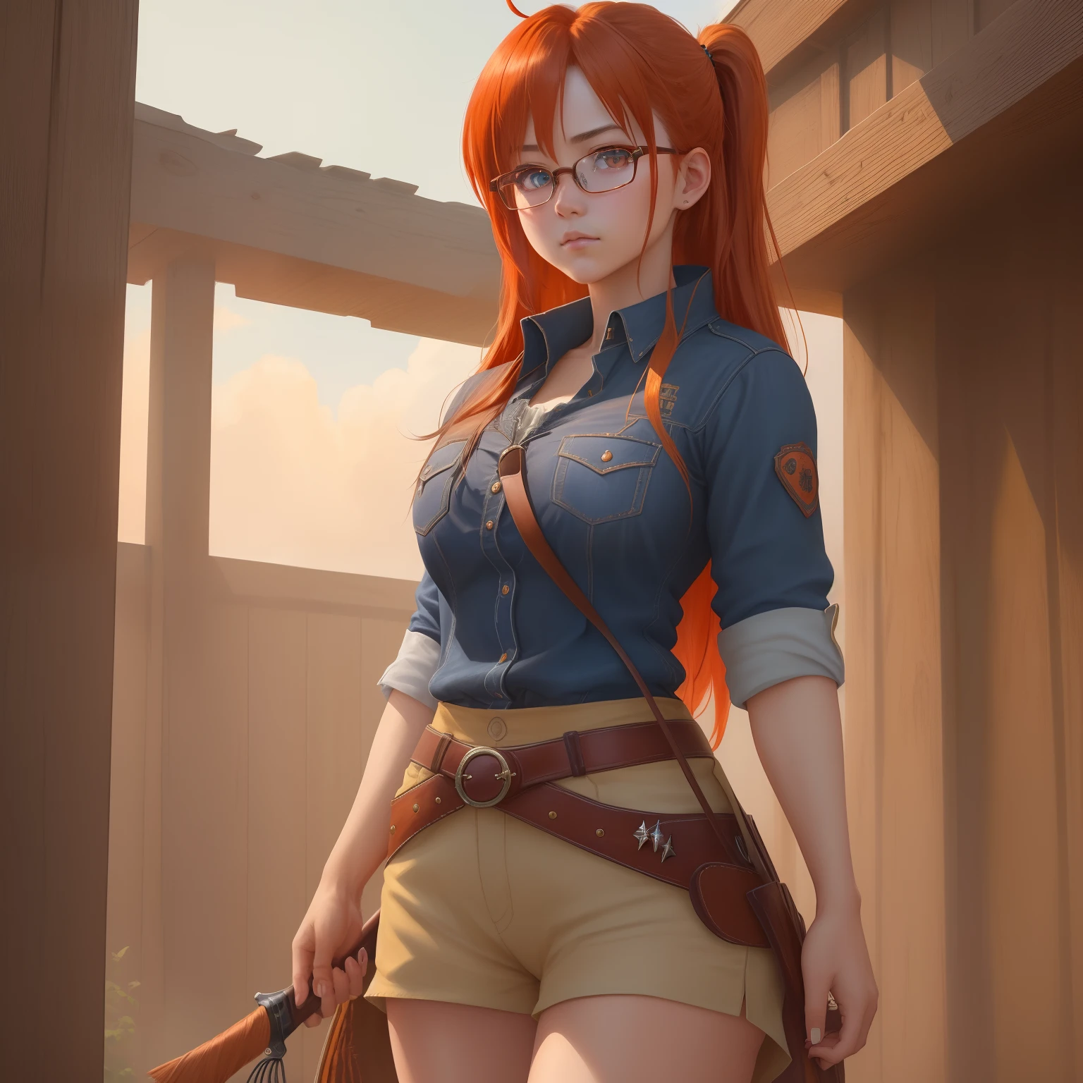 8k, masterpiece, best quality, realistic, higly detailed, cowboy shot, 1girl, solo, itsuki, serious looking girl, medium-length hair, expressive ahoge, reddish-orange hair, a pair of star-shaped hairpins near both of her eyes, dark blue eyes, average height, well-endowed figure, glasses, cute, cowgirl