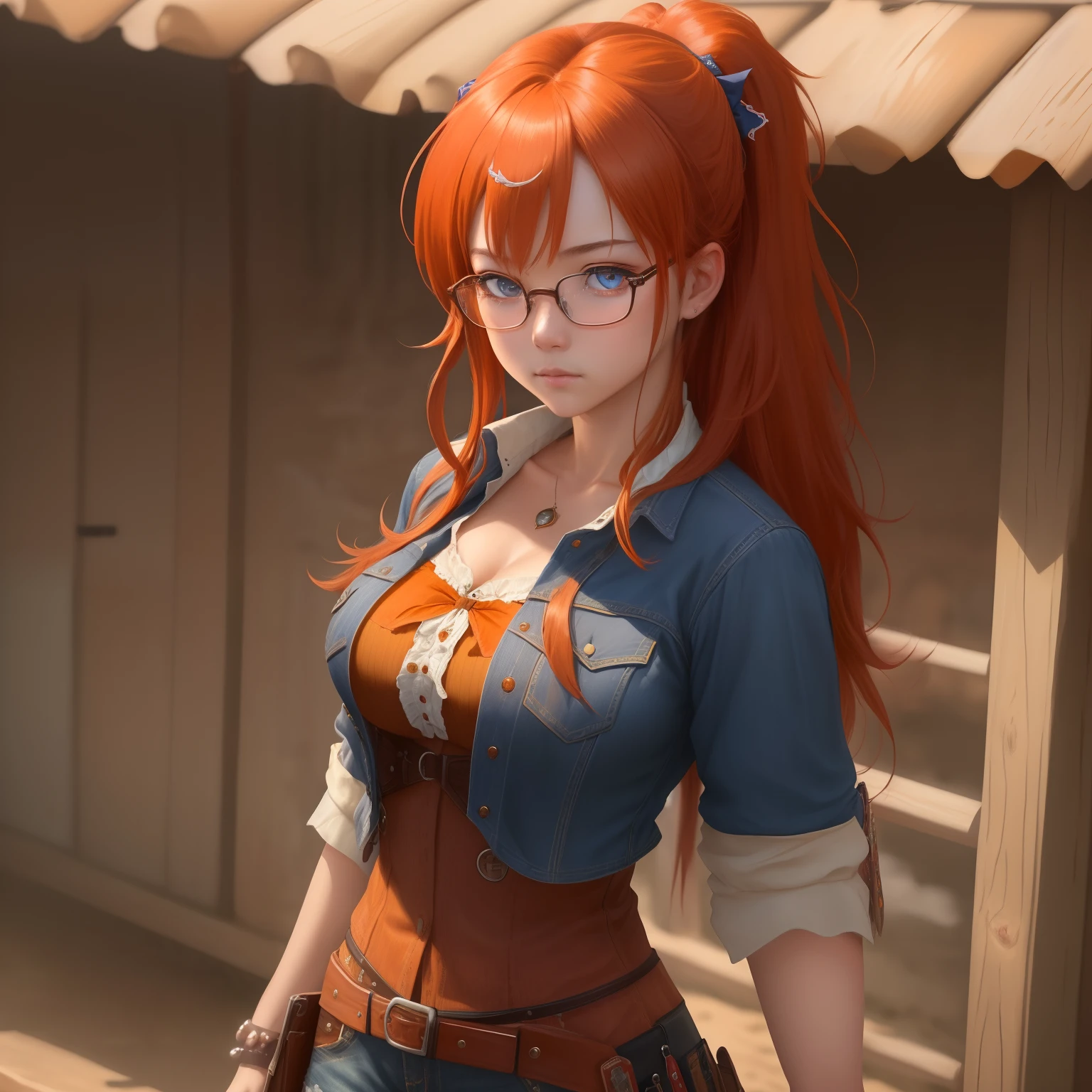 8k, masterpiece, best quality, realistic, higly detailed, cowboy shot, 1girl, solo, itsuki, serious looking girl, medium-length hair, expressive ahoge, reddish-orange hair, a pair of star-shaped hairpins near both of her eyes, dark blue eyes, average height, well-endowed figure, glasses, cute, cowgirl