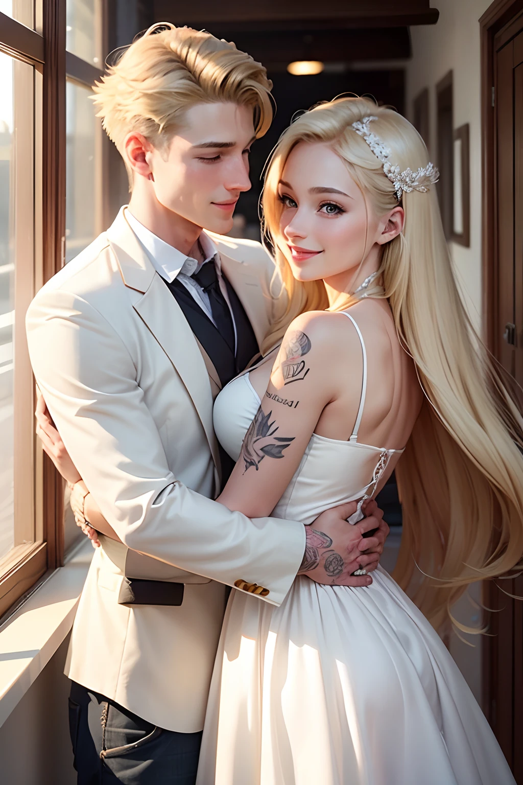 Create a 20-year-old dating couple, 1 man and 1 woman, both blond, hugging and smiling at each other passionately, the woman wearing a white dress and the man a social outfit; , the two with an equal tattoo symbolizing love and togetherness