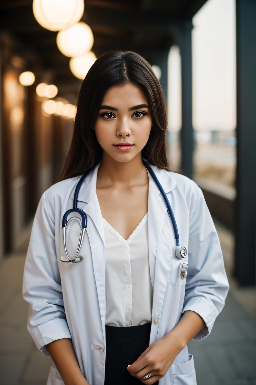 A stunning 20-year-old girl dressed as a doctor IN A WHITE SHIRT, CURTOS BOB, ( USANDO BATOM VERMELHO NA BOCA, E UMA MAQUIAGEM PROFISSIONAL DISCRETA ), A beautiful face is in front of a blurry background. High-resolution image captures every detail of your look, and cinematic lighting adds depth and drama to the scene.