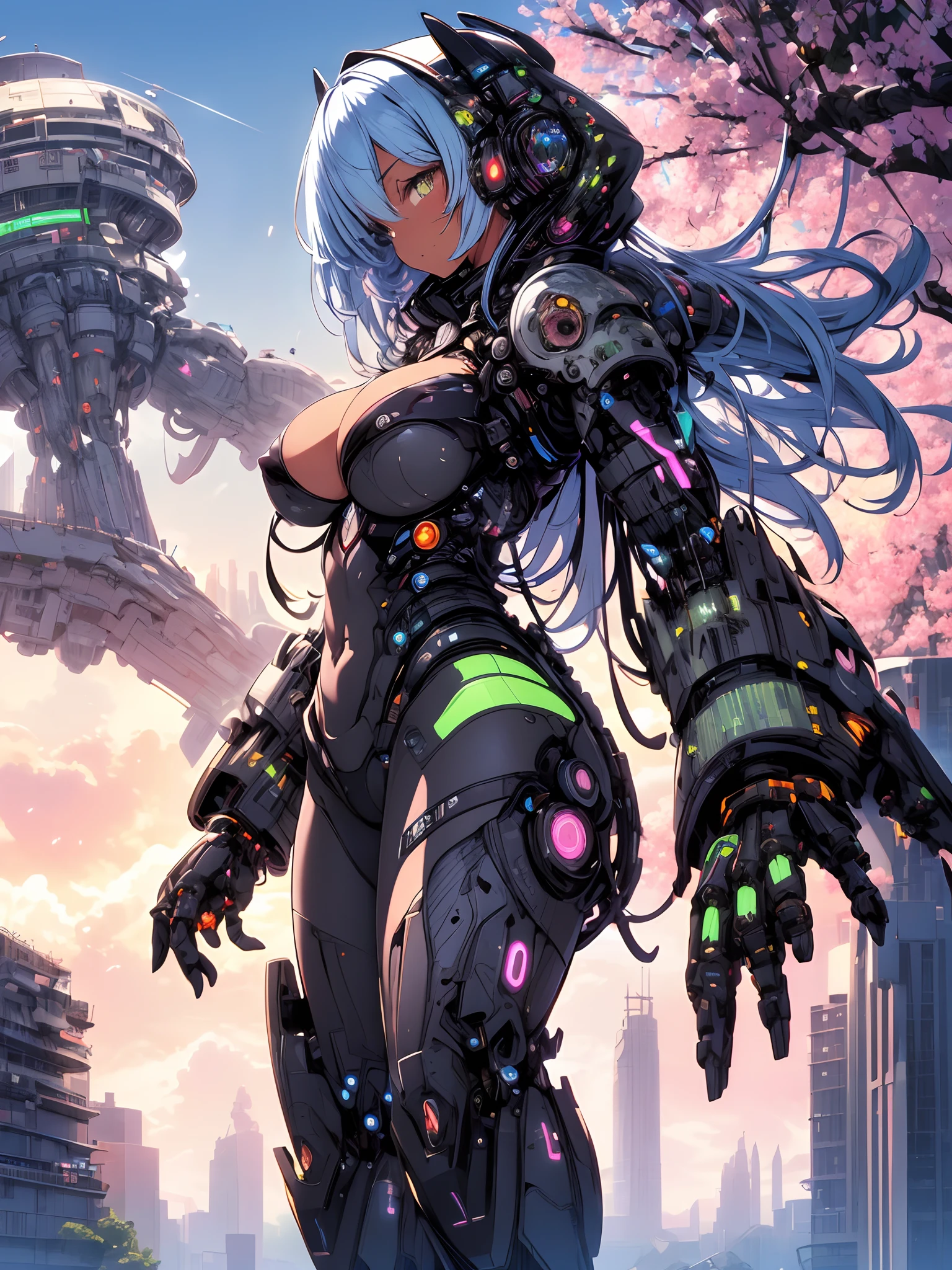 The most beautiful and sexy mecha warrior girl, rainbow colored hair, yellow eyes, dark african skin, wearing a highly detailed futuristic hooded mecha battle armor, mechanical angel wings, huge enormously gigantic tits, cleavage showing, tons of tattoos and piercings, in hyper futuristic city metropolis, cherry blossoms blowing in the wind, highly detailed background, absurdres, highres, ultra detailed, (cute illustration:1.5), (cute,kawaii,sweet:1.2),
(1girl:1.4), bodysuit, cyborg girl,
hyper gigantic mechanical hands,dynamic pose,
nice hands, perfect hands, incredibly cinematic, best quality, best resolution