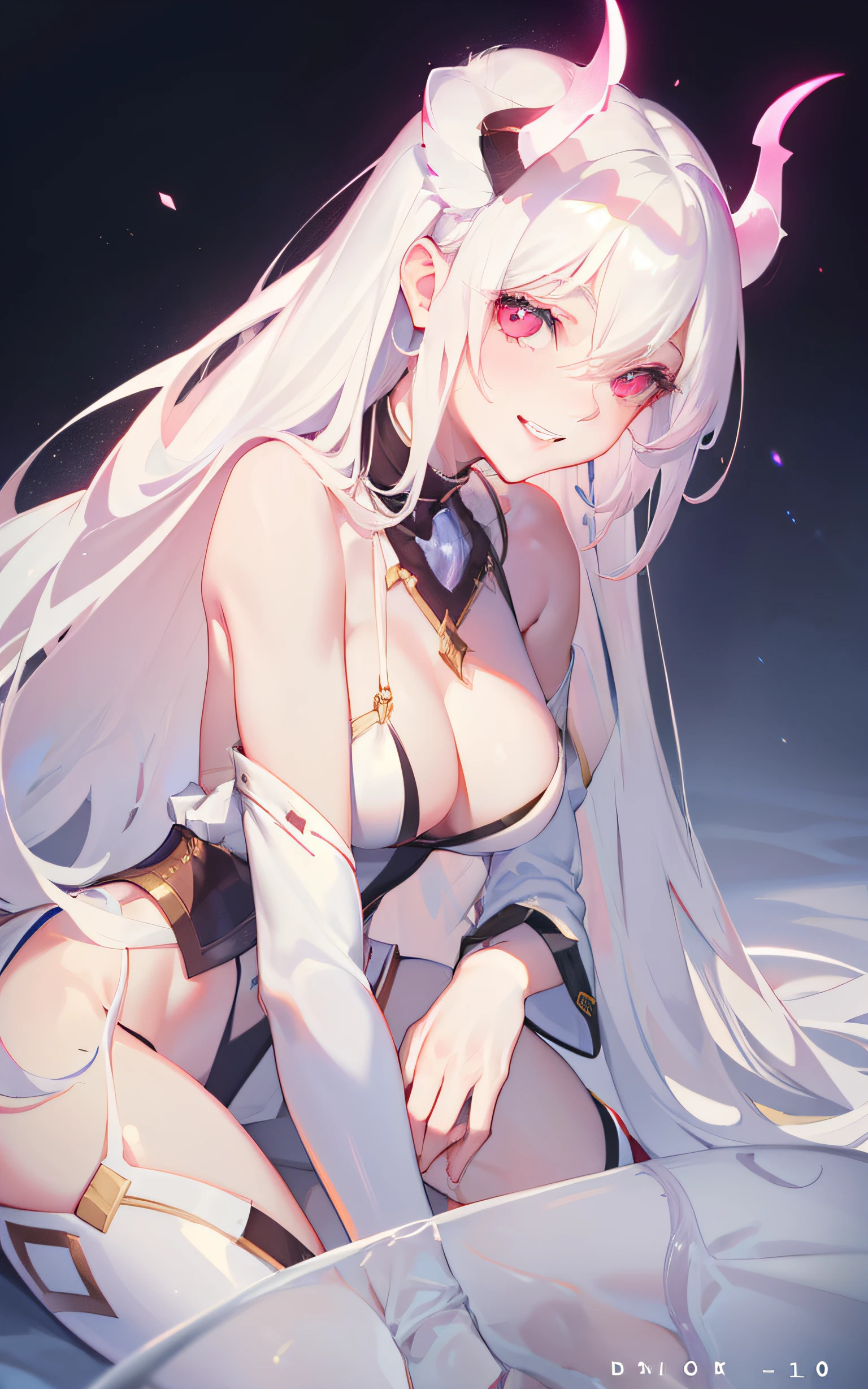 DETAILED, DENSE, MASTERPIECE, one girl, beautiful, 22 years old, smooth skin, glowing skin, glowing hair, clear eyes, glowing eyes, red eyes, soft lips,(viewer Looking down: 0. 8) smiling slightly, cheeks stained, mouth open, one girl, soft skin, large breasts, glowing skin, (Masterpiece: 1.0), (Realistic: 1.6), (Soft Focus: 1.5), albino, white hair, horns, full body, big lips, sexy face, sharp eyes, grin, skinny waist, (((skinny waist))), pastel pink jacket,