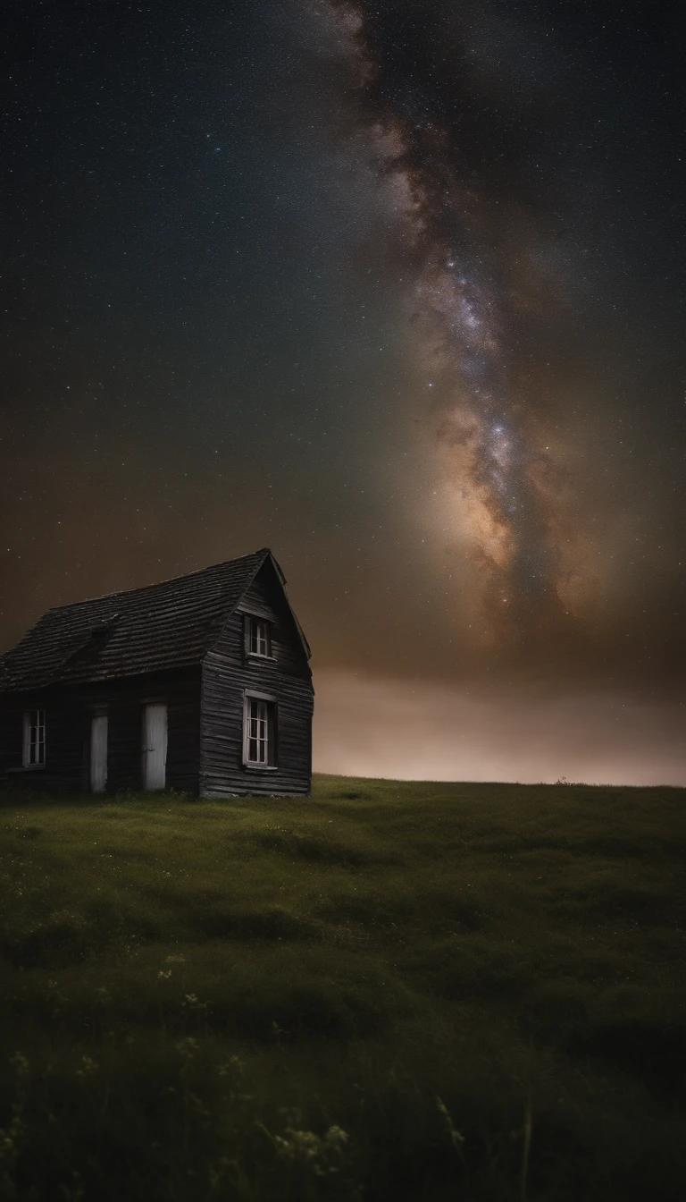 An old derelict cottage, in the middle of a field, at night, a beautiful naked model poses in the doorway, with the Milky Way galaxy overhead, long exposure,