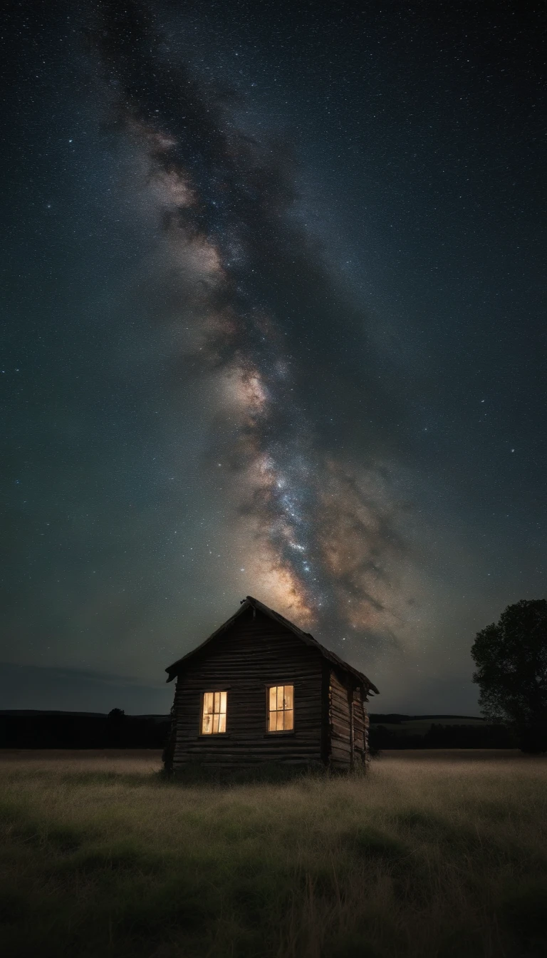 An old derelict cottage, in the middle of a field, at night, with the Milky Way galaxy overhead, long exposure,