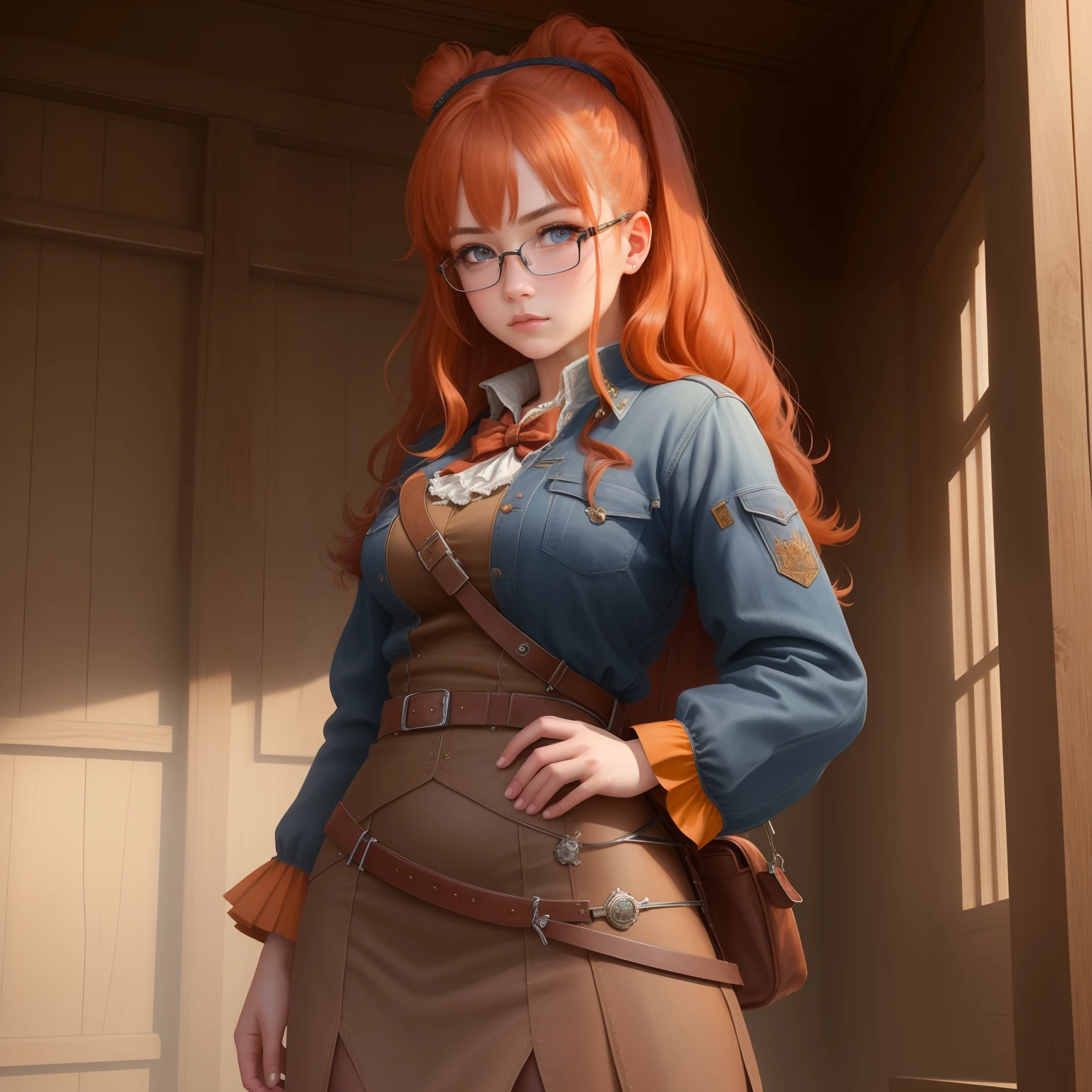 8k, masterpiece, best quality, realistic, higly detailed, cowboy shot, 1girl, solo, itsuki, serious looking girl, medium-length hair, expressive ahoge, reddish-orange hair, a pair of star-shaped hairpins near both of her eyes, dark blue eyes, average height, well-endowed figure, glasses, cute, farwest