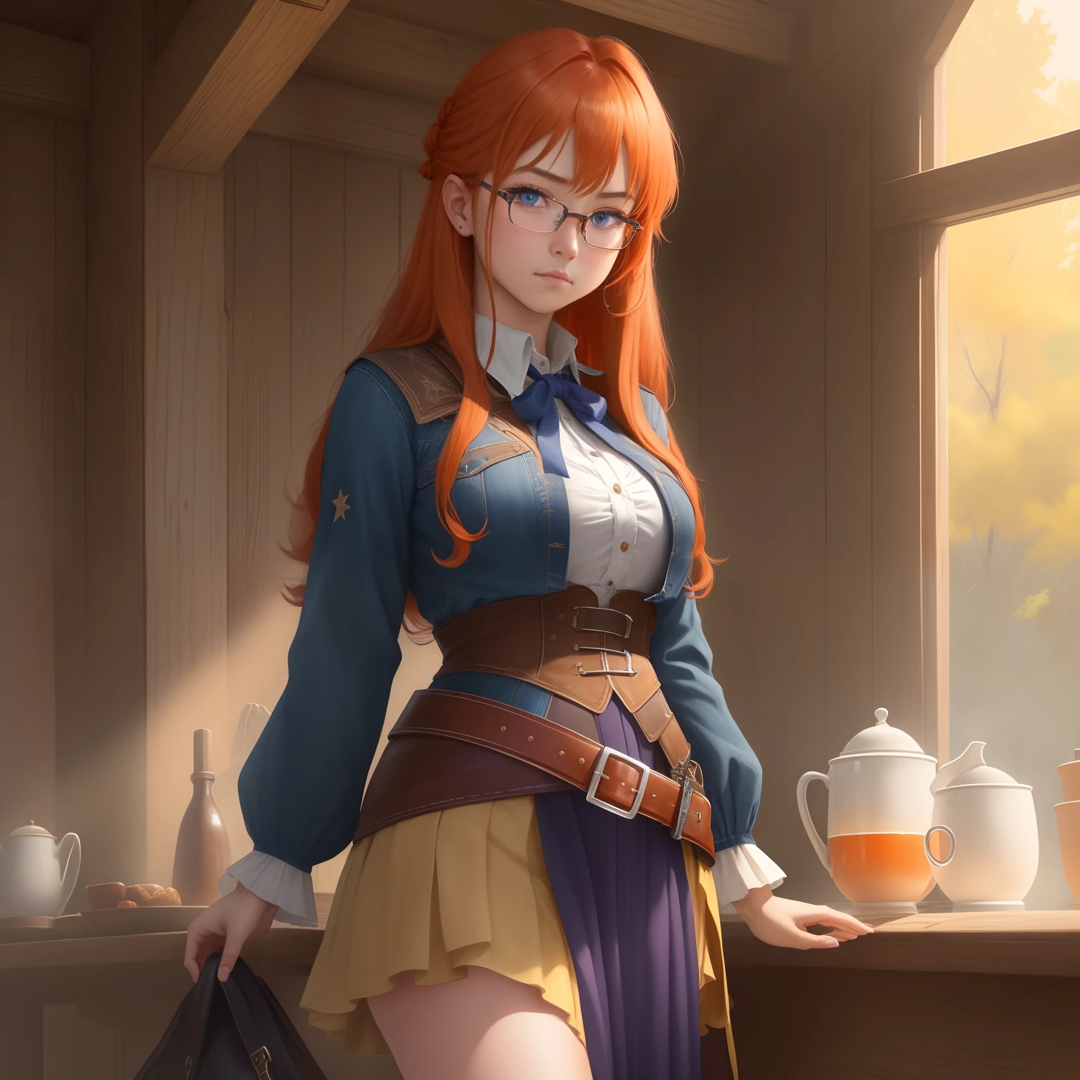 8k, masterpiece, best quality, realistic, higly detailed, cowboy shot, 1girl, solo, itsuki, serious looking girl, medium-length hair, expressive ahoge, reddish-orange hair, a pair of star-shaped hairpins near both of her eyes, dark blue eyes, average height, well-endowed figure, glasses, cute, farwest