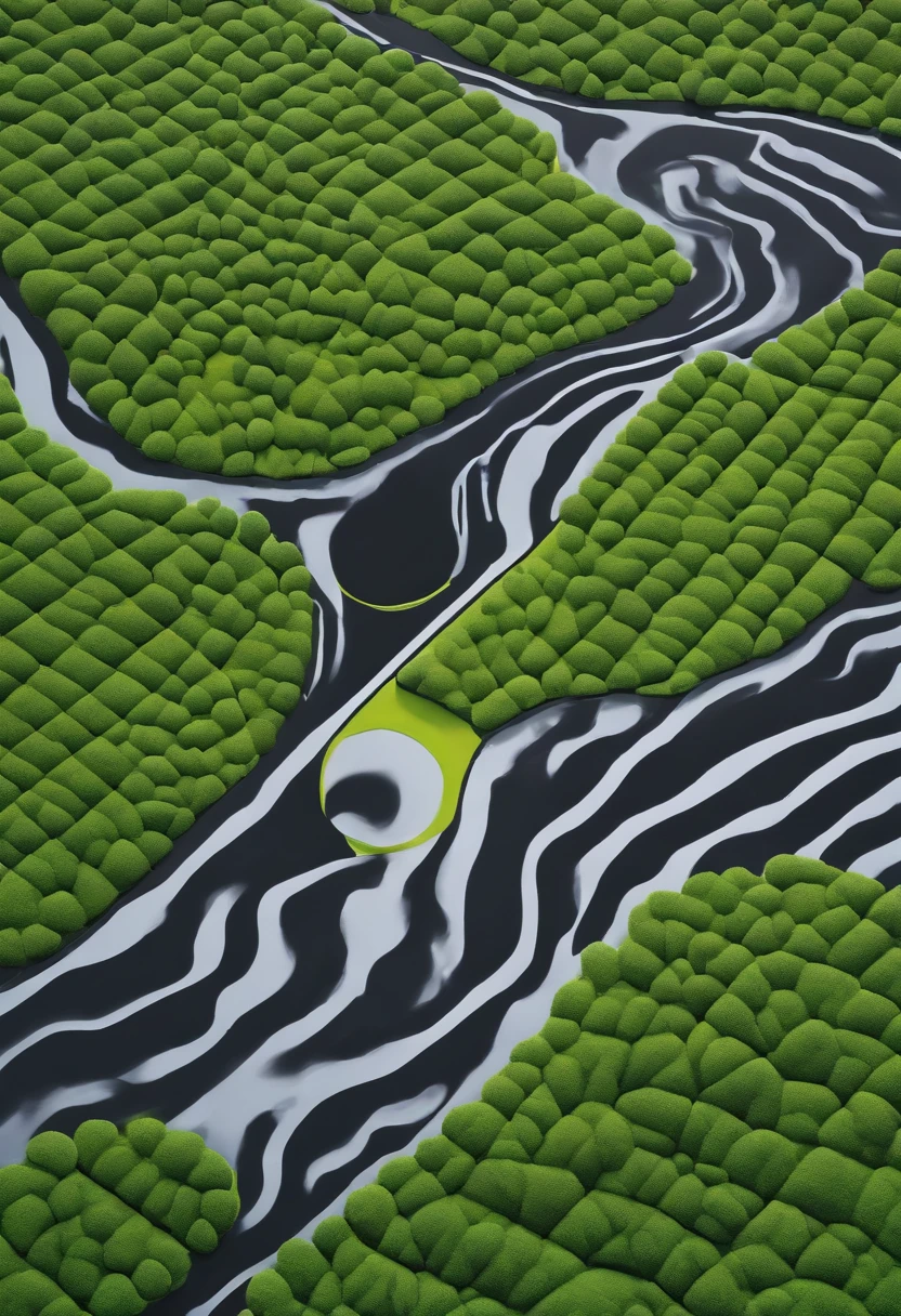 A detailed image man lost in green forest, in thestyle of contemporary op art, kintsugi, large-scalecanvas, hard edge painter, eye-catching detail,
aerial view, sudersan pattnaik