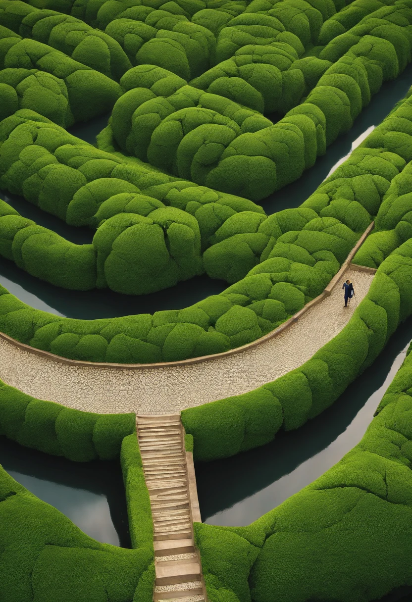 A detailed image man lost in green forest, in thestyle of contemporary op art, kintsugi, large-scalecanvas, hard edge painter, eye-catching detail,
aerial view, sudersan pattnaik