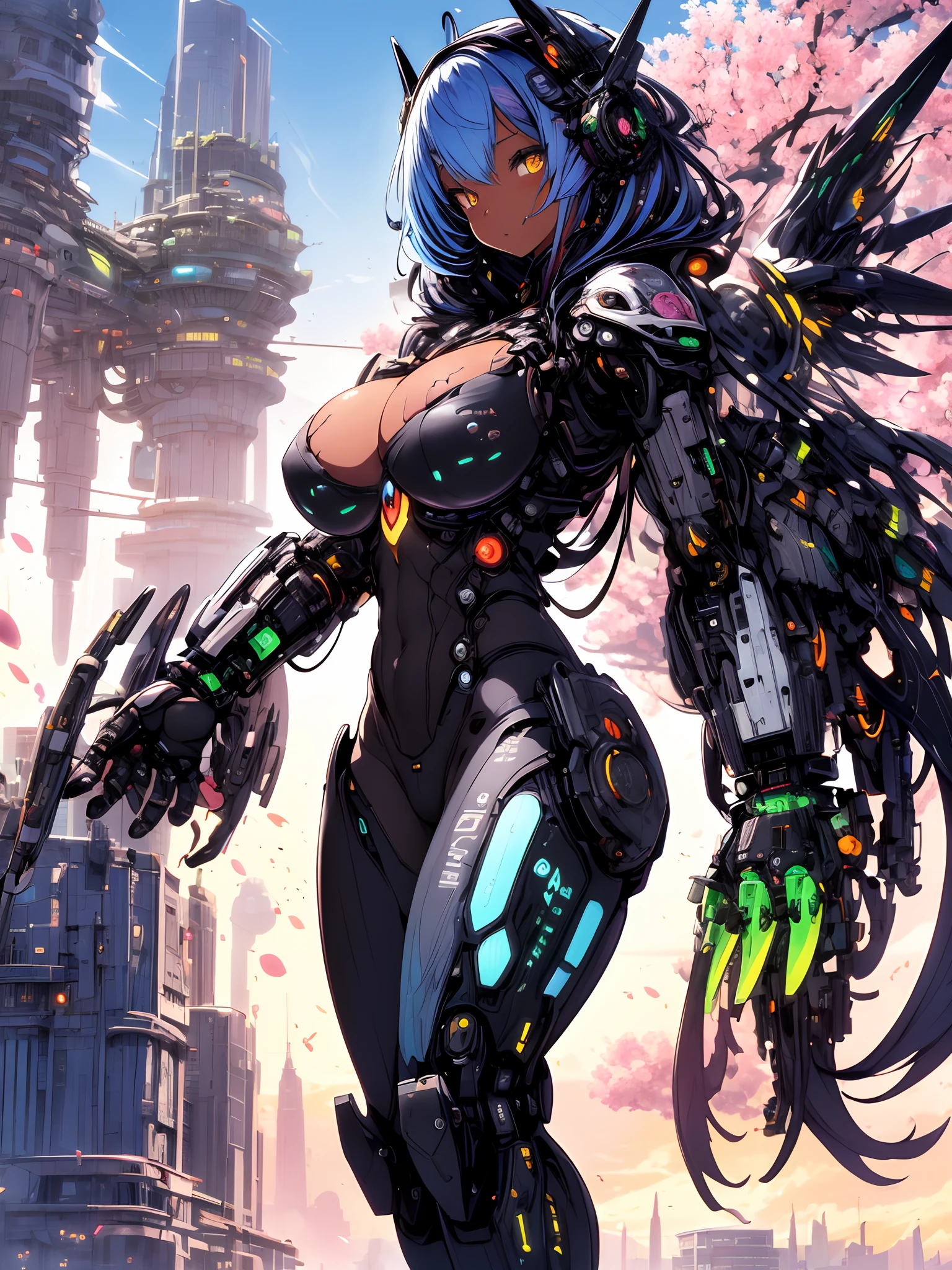 The most beautiful and sexy mecha warrior girl, rainbow colored hair, yellow eyes, dark african skin, wearing a highly detailed futuristic hooded mecha battle armor, mechanical angel wings, huge enormously gigantic tits, cleavage showing, tons of tattoos and piercings, in hyper futuristic city metropolis, cherry blossoms blowing in the wind, highly detailed background, absurdres, highres, ultra detailed, (cute illustration:1.5), (cute,kawaii,sweet:1.2),
(1girl:1.4), bodysuit, cyborg girl,
hyper gigantic mechanical hands,dynamic pose,
nice hands, perfect hands, incredibly cinematic, best quality, best resolution