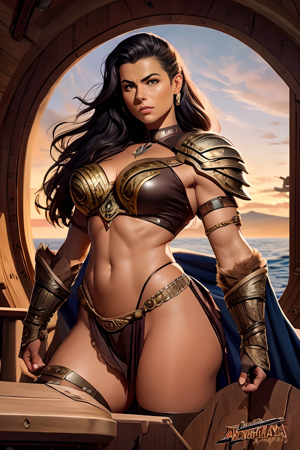 Arte inspirada John Buscema, Roman Praetorian Captain, Mulher branca, cabelos longos, ondulados, cabelos negros, voluptuosa, arrogante, armadura romana feminina de batalha, adaga em seu cinto, short sword in hand, on the deck of your ship, looking towards the horizon, battle against the Welsh barbarians