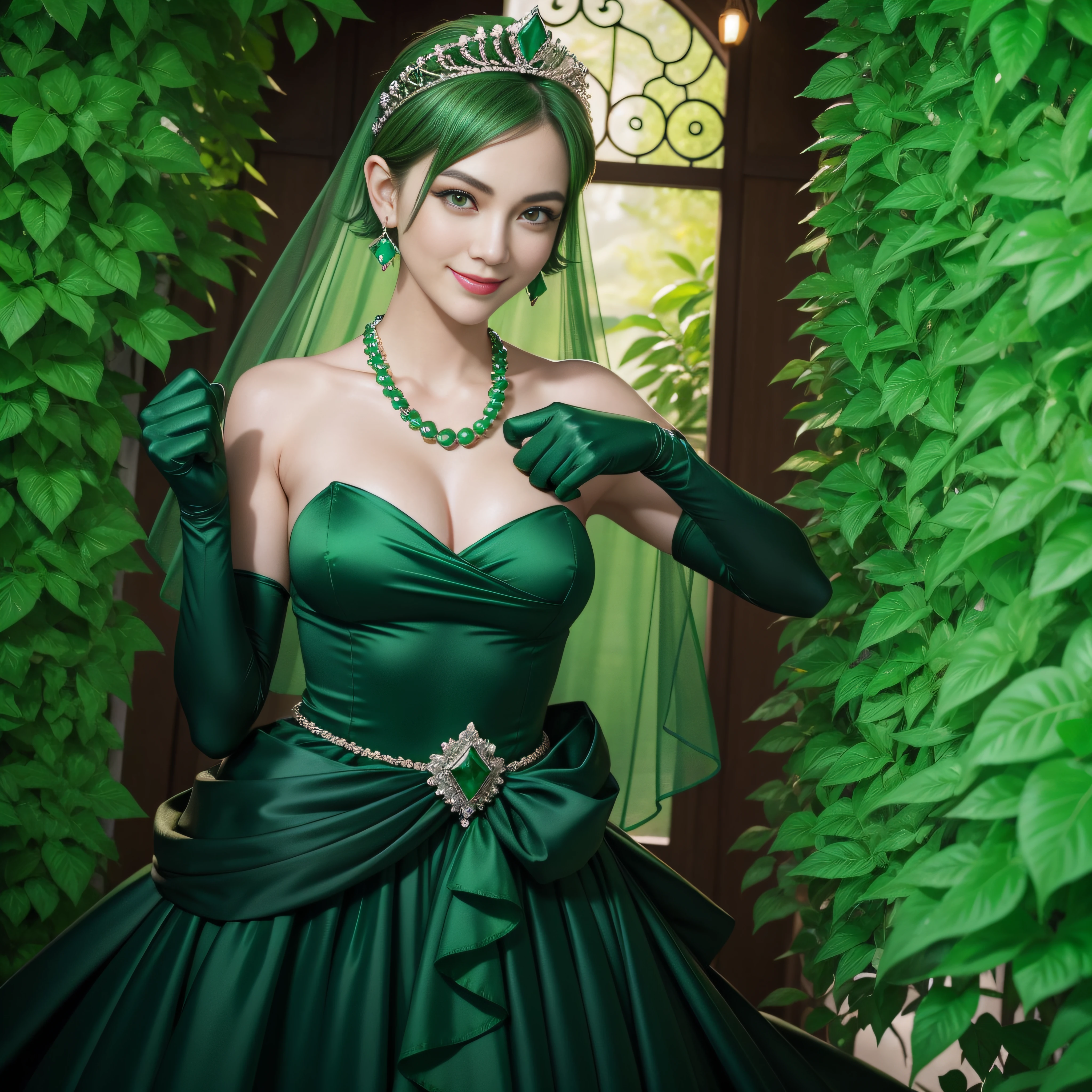 emerald tiara, Green Pearl Necklace, Boyish very short green hair, lipsticks, Japan woman smiling, very short short hair, fist, big breasts beautiful, Green eyes, Long green gloves made of satin material, Green eyes, Emerald Earrings, Thumbs up