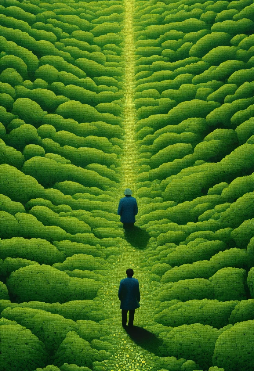 Detailed image of a man lost in a green forest, In the style of contemporary op art, kintsugi, Large canvas, Hard-edged painter, eye - catching detail,
Aerial view, Sudesan Patnaik
