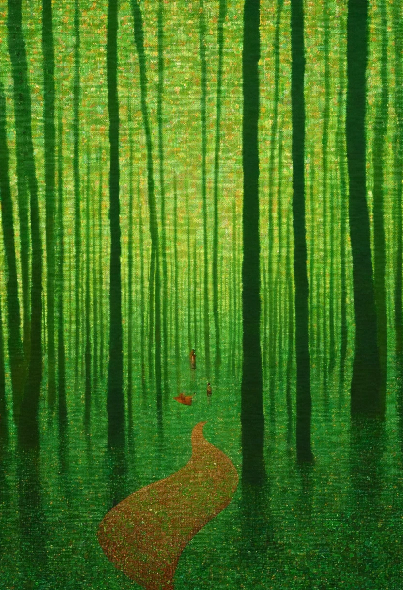 Detailed image of a man lost in a green forest, In the style of contemporary op art, kintsugi, Large canvas, Hard-edged painter, eye - catching detail,
Aerial view, Sudesan Patnaik