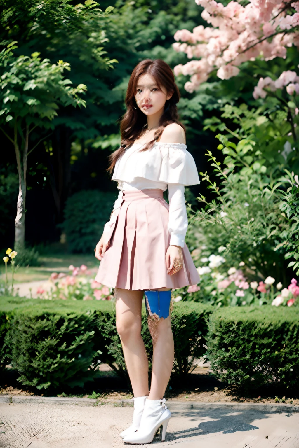 best quality,masterpiece,1girl korean, long brown hair, cute outfit, pink skirt with white off shoulder top, high-heels, standing in a garden, full body picture, hair in a side braid