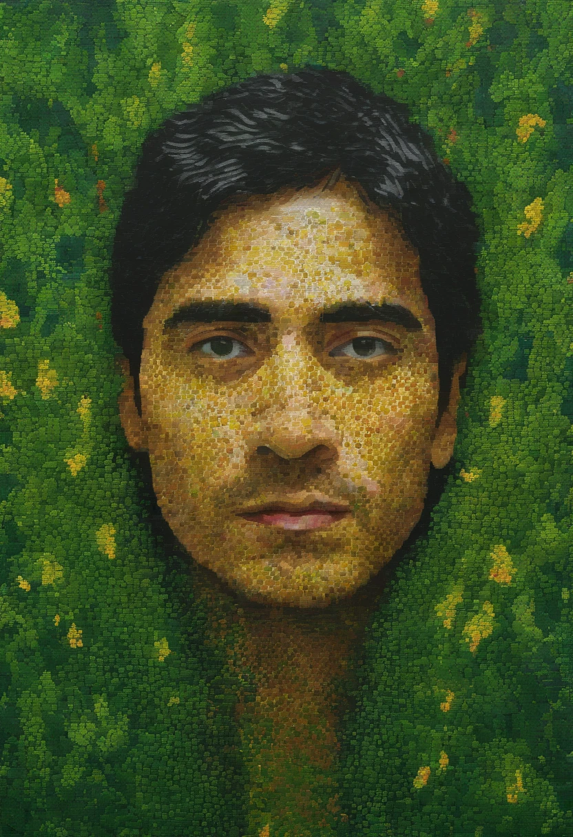 Detailed image of a man lost in a green forest, Contemporary Op Art style, kintsugi, Large canvas, Hard-edged painter, eye - catching detail,
Aerial view, Sudesan Patnaik