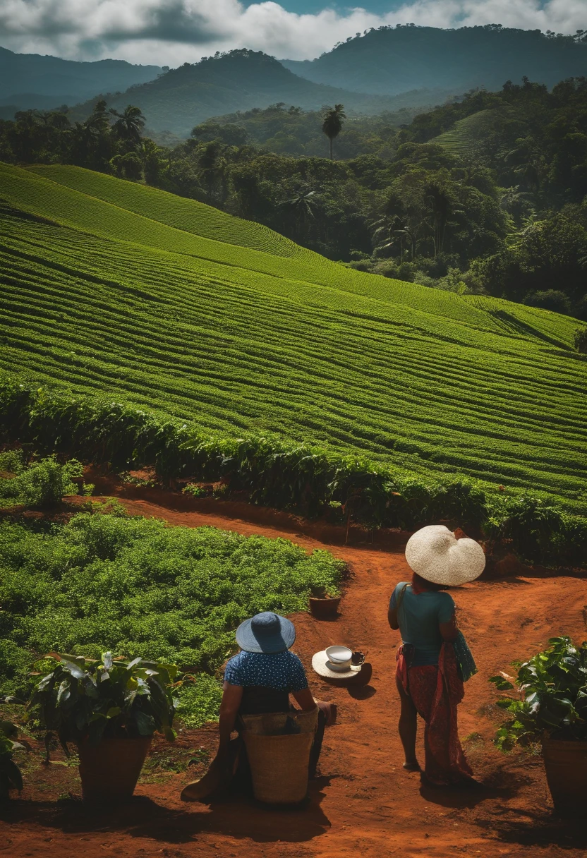 Imagem do campo, with coffee plantations, ensolarado, people irrigating the plantation.