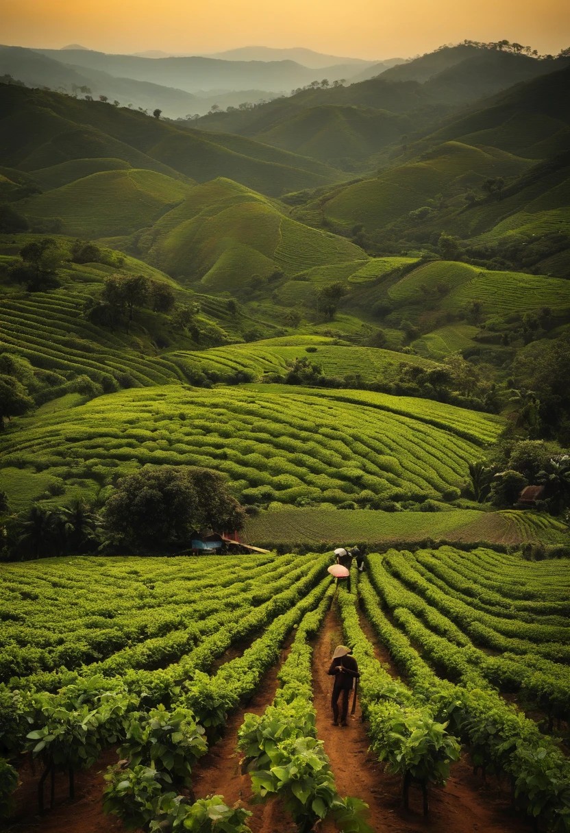 Imagem do campo, with coffee plantations, ensolarado, people irrigating the plantation.