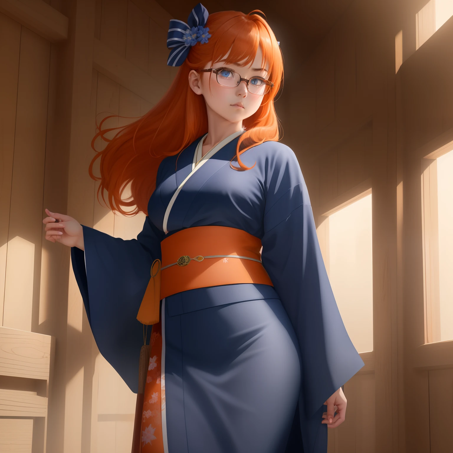 8k, masterpiece, best quality, realistic, higly detailed, cowboy shot, 1girl, solo, itsuki, serious looking girl, medium-length hair, expressive ahoge, reddish-orange hair, a pair of star-shaped hairpins near both of her eyes, dark blue eyes, average height, well-endowed figure, glasses, cute, kimono