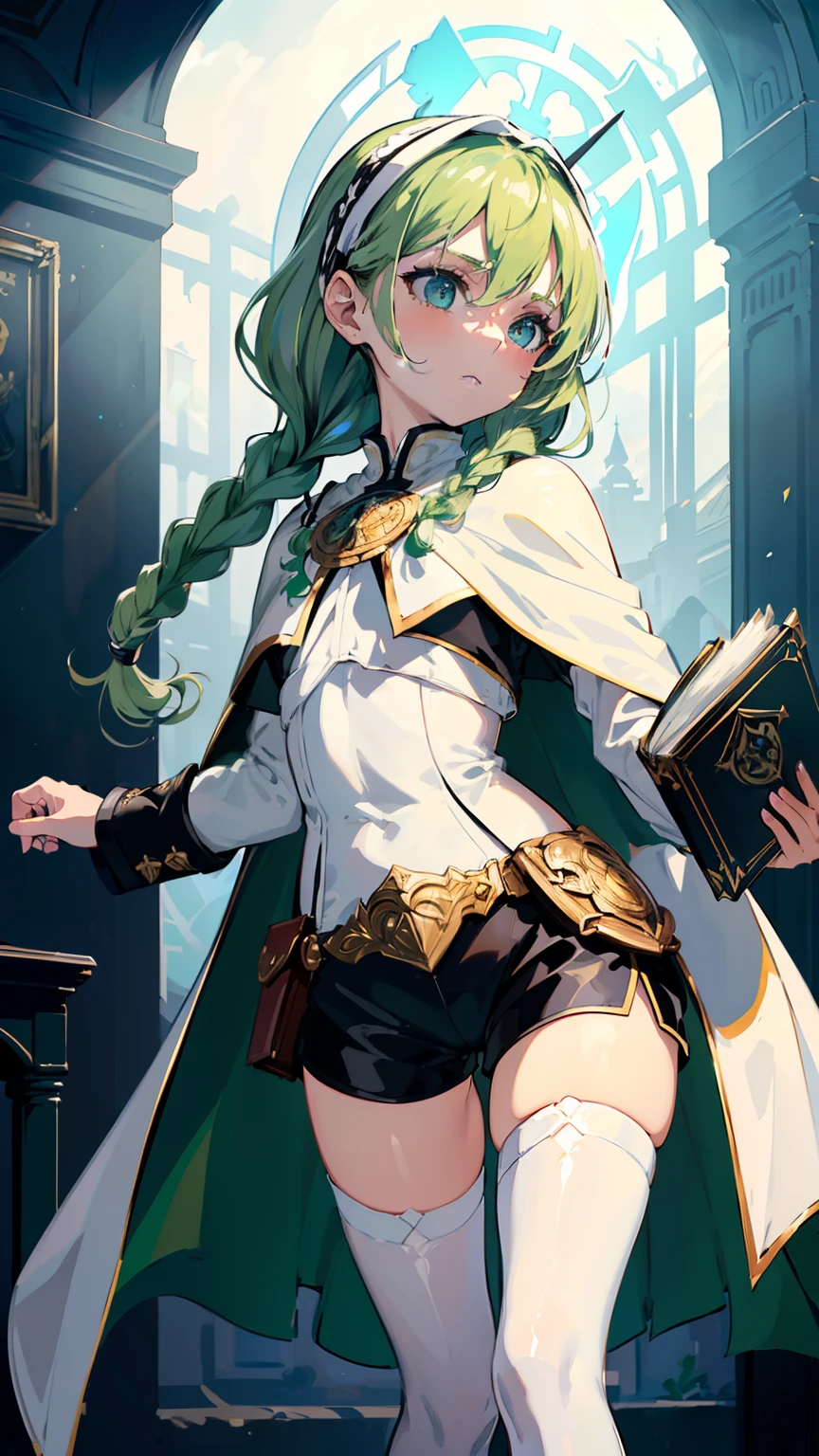 masterpiece, ultra detailed, 8k portrait, RAW photo, portrait photography, highly detailed face, beautiful and meticulous eyes, ((Fantasy)), Young beautiful, 10 years old, (((drooping eyes))), dynamic pose, (((short wavy light green hair))), ((braided twin tail)), parted bangs, White skin color, Luxury, (((white long tunic with a single vertical blue line))), (((black shorts))), (((white cape with coat of arms))), (((little waist hip pouch))), high cut leather boots, ((holding magic book)), Midday Sun, hyper realistic, slender body, flat chest, Long legs, in the medieval magic classroom, Ambient lighting, Shadow details , Camera focus on face, strong breeze, Light fog