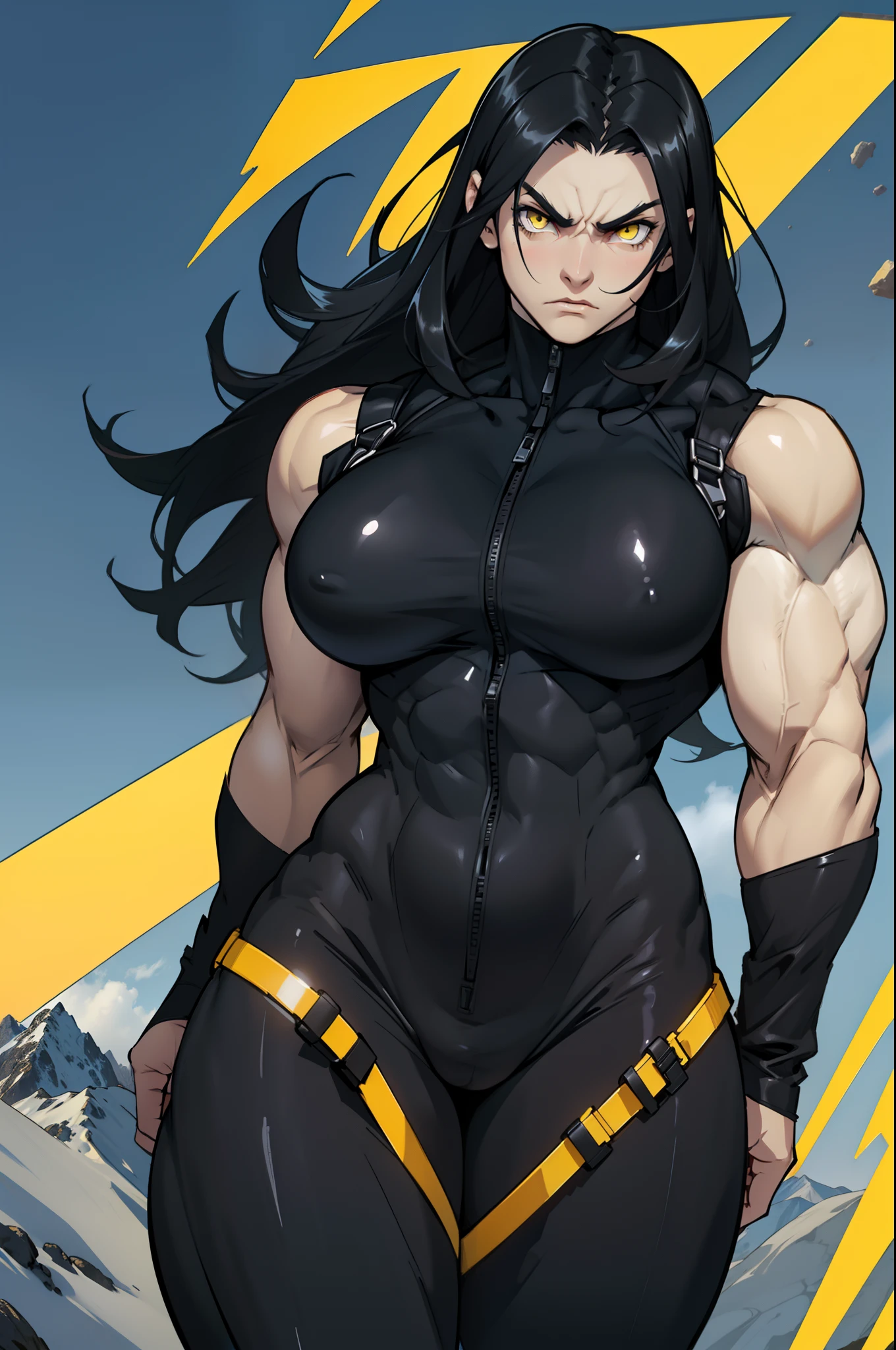 ((1 girl)), solo, black hair, extremely long hair, yellow eyes, (angry), pale skin, (((((((muscular))))))), ((thick thighs)), ((huge breasts)), (((black body suit))), (((wide hips))), mountain range background, (shiny skin), close up