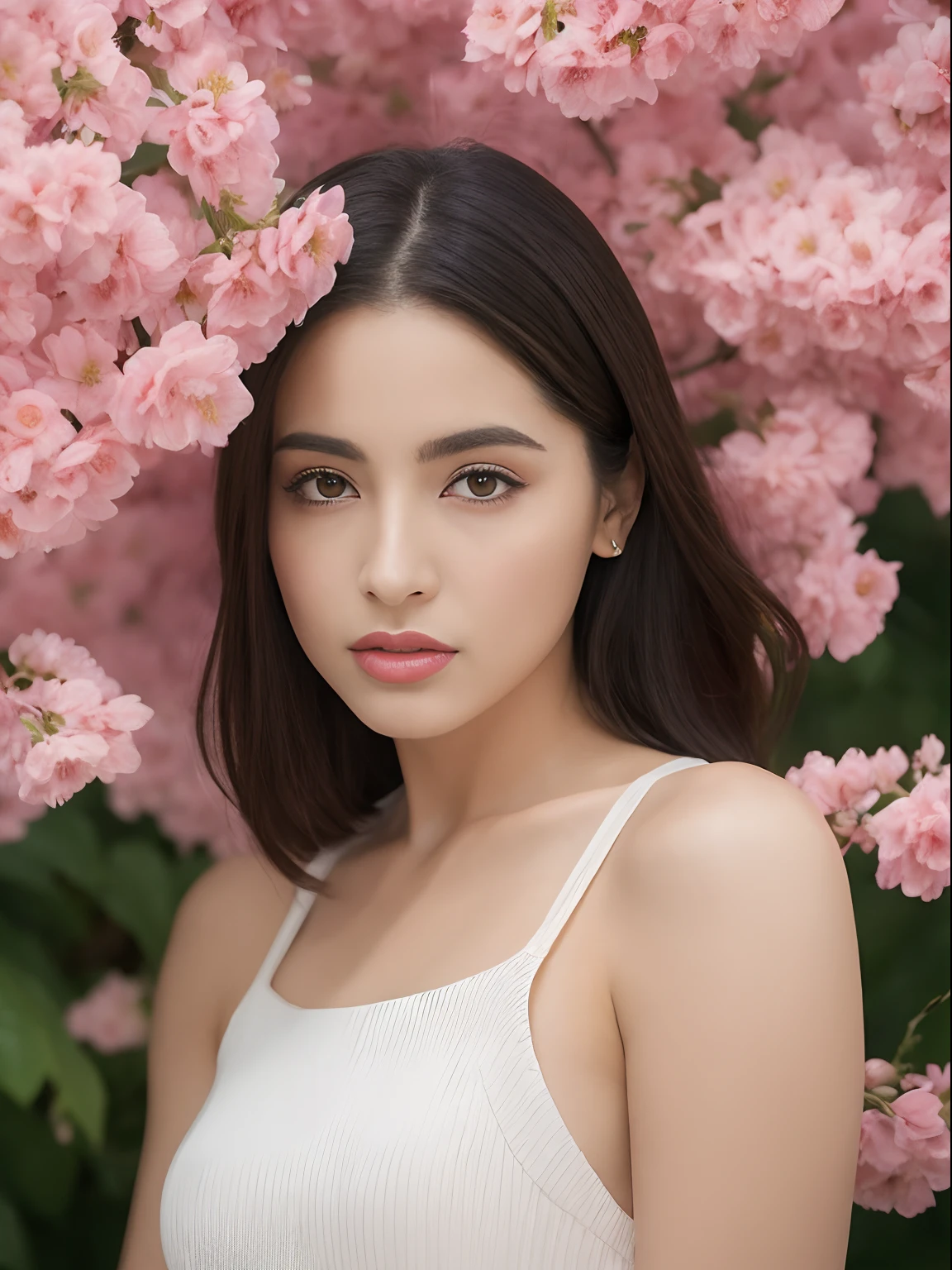 ((realistic lighting, best quality, 8k, master part: 1.3)), Clear focus: 1.2, 2Menina, figura perfeita: 1.4, abdominais finos: 1.1, ((Cabelos castanhos escuros)), (vestido branco modesto: 1.4), , , Cara super fina, Olhos Finos, double eyelids, Woman posing for camera in front of pink flowers, a portrait inspired by Gina Pellón, instagram, Tachisme, Violeta Myers, Lorena Avarez, olivia culpo, Alanis Guillen, Parece Laura Barriales, Retrato Sophie Mudd, curtido ameera al taweel | | |, Mulher mexicana bonita