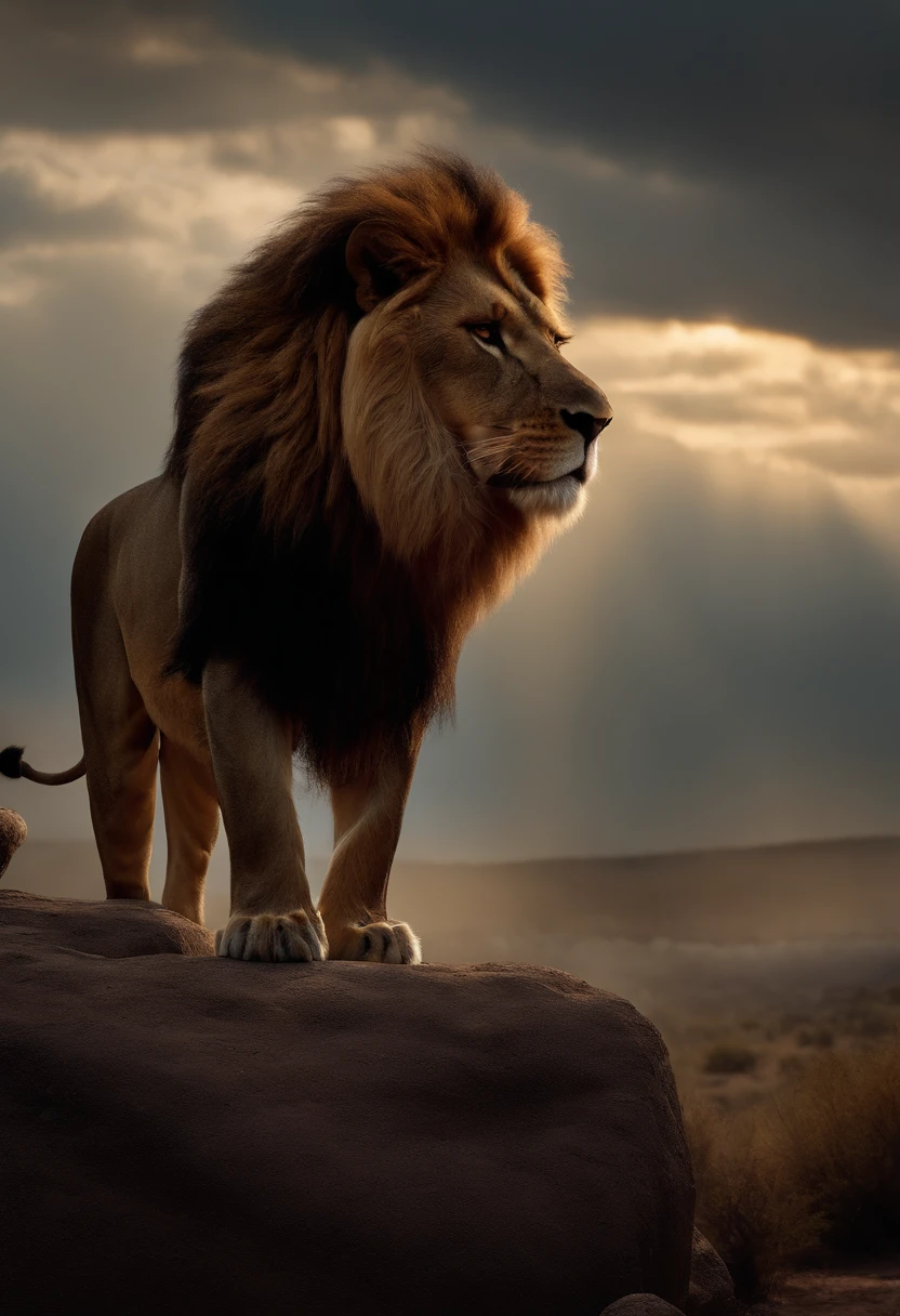 lion king, surreal, tense, cold, highly detailed, sharp, professional, 8k UHD, movie, dark, violent, outdoor, river, battle, chase, dramatic, vivid, tense atmosphere, rendering, epic, twilight, HDR, album cover, blizzard, lightning, disaster