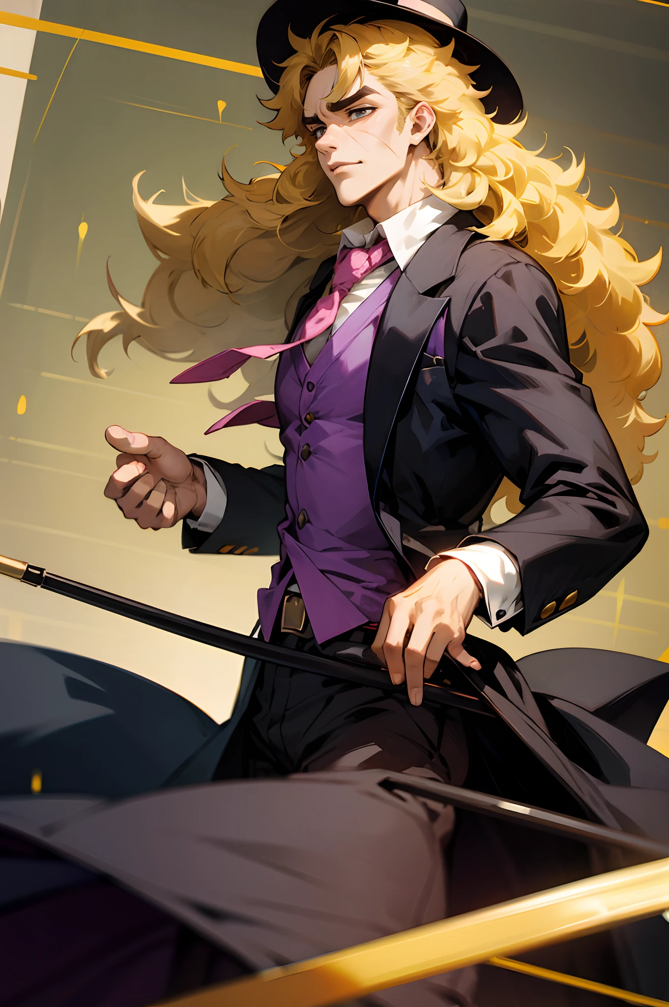 Speedwagon, solo, long hair, blonde hair, 1boy, male focus, necktie, scar, formal, suit, cane, bowler hat