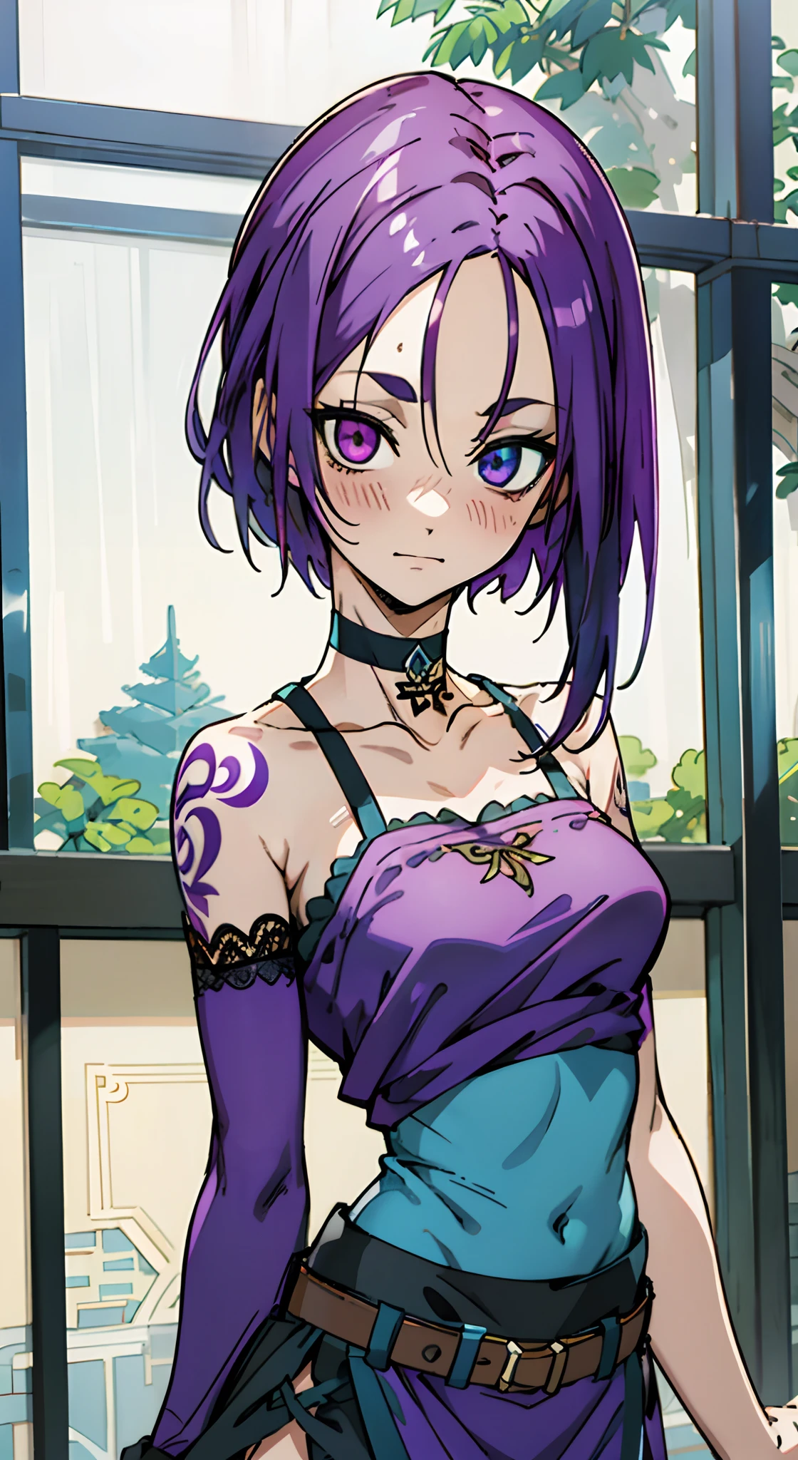 Masterpiece, Best quality, Ultra-detailed, Off-the-shoulder attire, Colorful,take up close, Hyper-detailing,purple color hair, Ultra-realistic hair quality, Vibrant colors, Beautuful Women, Beautiful long hair, Shiny hair, detailed hairs, reo mikage, bluelock, no sleeves, camisole and cheongsam, chinese clothes, chest exposure, lace underwear, the kinky is exposed, choker, black choker, arm warmers, relative area, a belt, sexy breasts, tattoo, arm tattoos, dragon tattoo, wrist tattoo, hand tattoo, big breasts, red blush, 1girl, Solo, sharpy face, heterochromia, green eyes, purple eyes, Bare neck, happiness face, rays of sunshine, brautiful sky, shining sky, Shanghai Village, castle