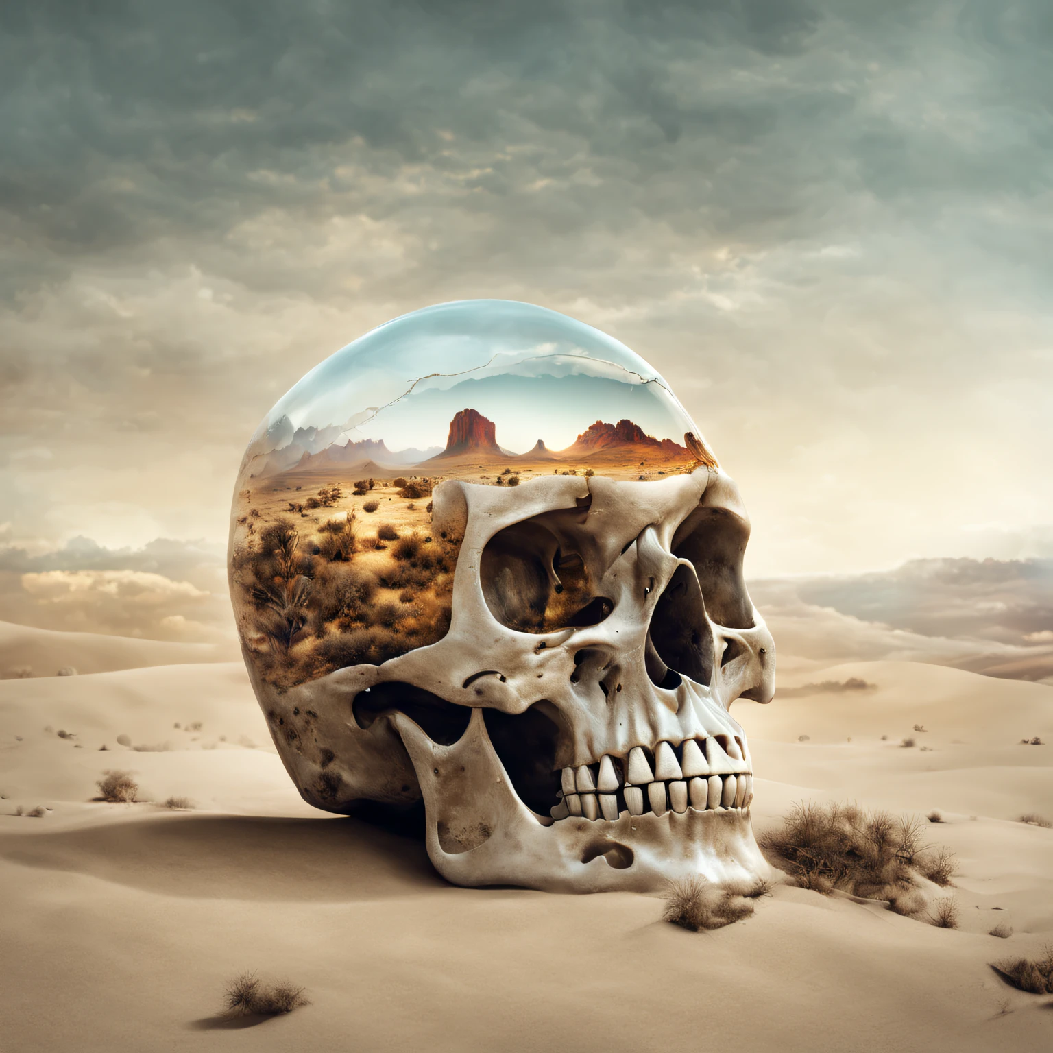 A cute double-exposed artwork that blends desert and  skulls, The desert should serve as a potential backdrop, Its details blend seamlessly with the smooth and  skull. Clear the skull to the point, It has a double exposure effect and a glossy look. The graphic of the  skull should be slightly , Reveal the desert of the mind，The overall atmosphere should be gloomy and moody, Soft colors and a sense of decay. The artwork should evoke a sense of simplicity, Has a complex and layered design. The image should be highly realistic, With a high level of detail and deep realism. The lighting should be diffuse and soft, Create a gloomy moody atmosphere. The artwork should have a cinematic feel, The lighting and camera working elements are reminiscent of movies. Images should be highly detailed and rich, High-density visual information. The overall effect should be reminiscent of high-quality photography, Double exposure effect enhancement1.1x magnification.