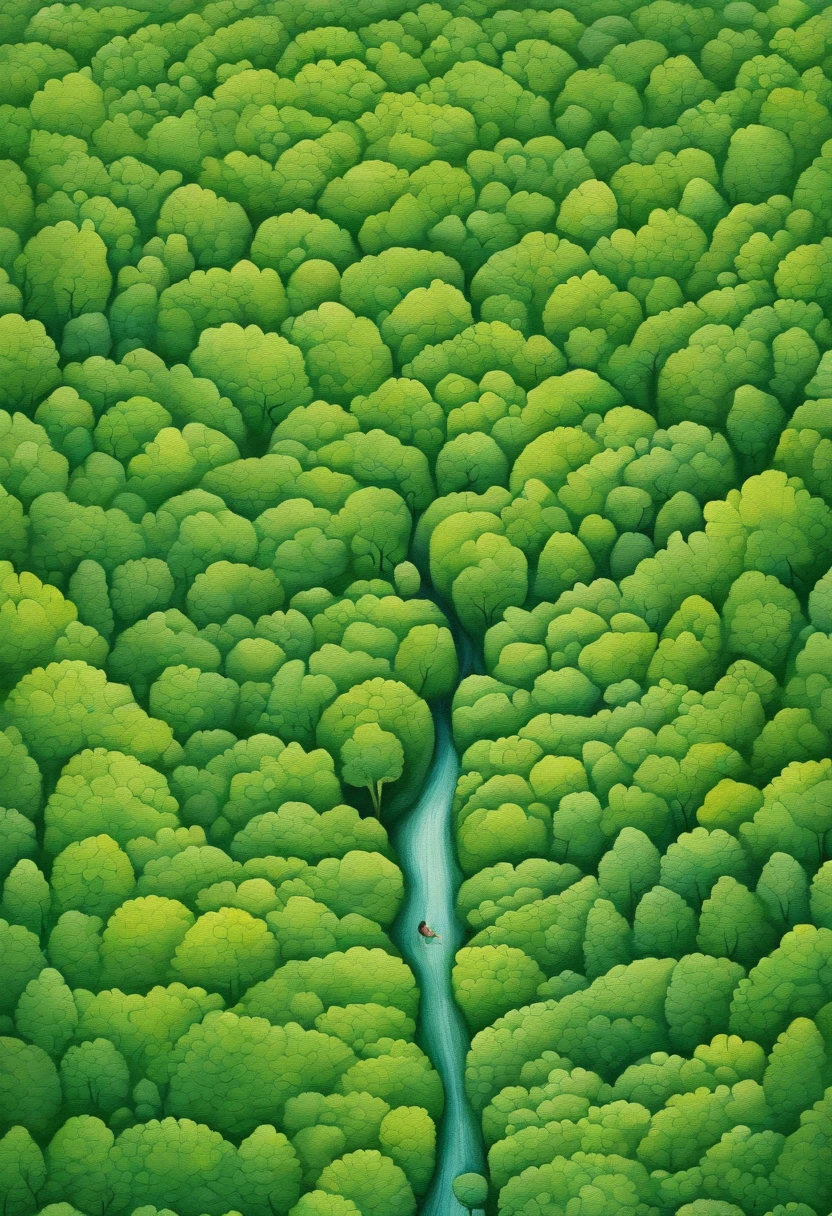 Detailed image of a man lost in a green forest, Contemporary Op Art style, kintsugi, Large canvas, Hard-edged painter, eye - catching detail,
Aerial view, Sudesan Patnaik
