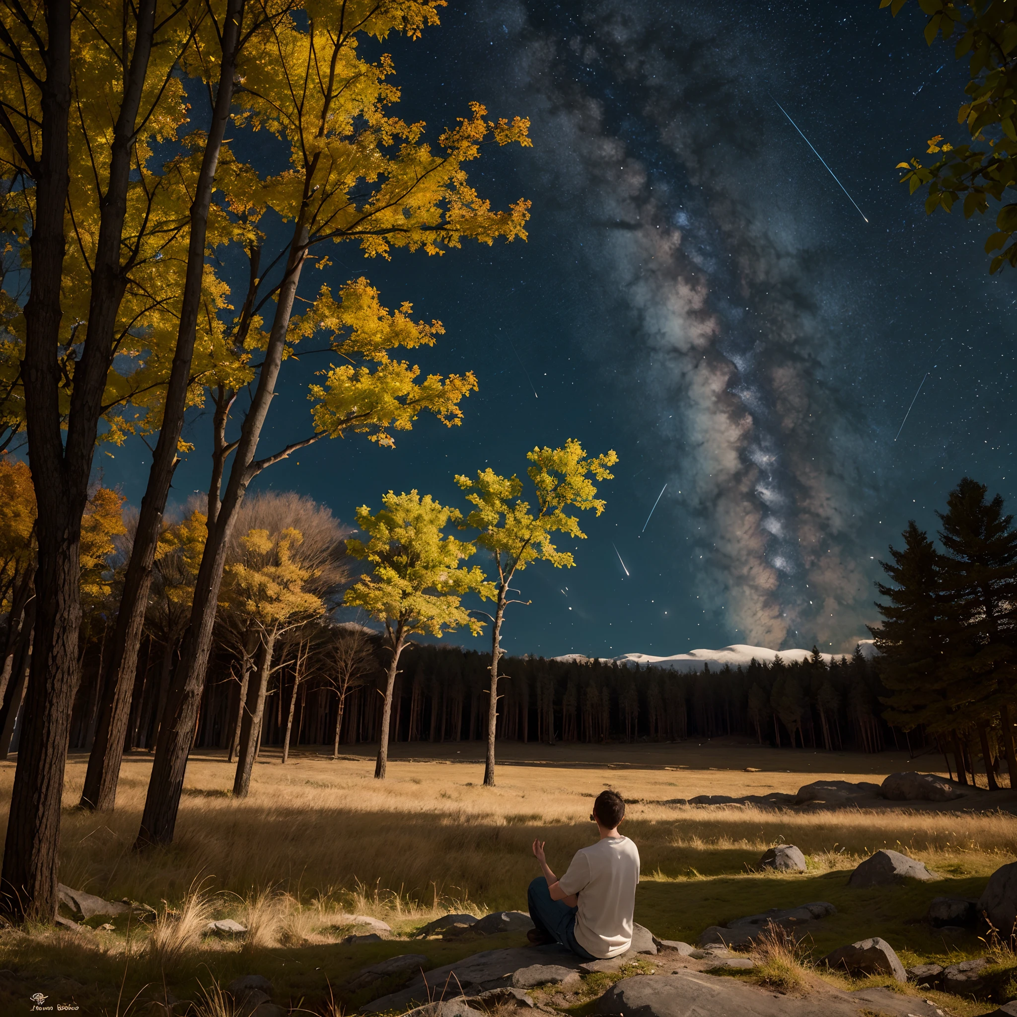 Golden Forest,Golden Tree,A hyper-realistic,a picture,mystical,golden leaves,shooting stars,milkyway,Laid gold,Transparent silhouette of meditating man,Countless balls of light soaring in the sky、Golden light pouring down,masuter piece,High-grade、Ultrarealistic,8k,It can only be seen in the photo,Landscape 16:Size of 9